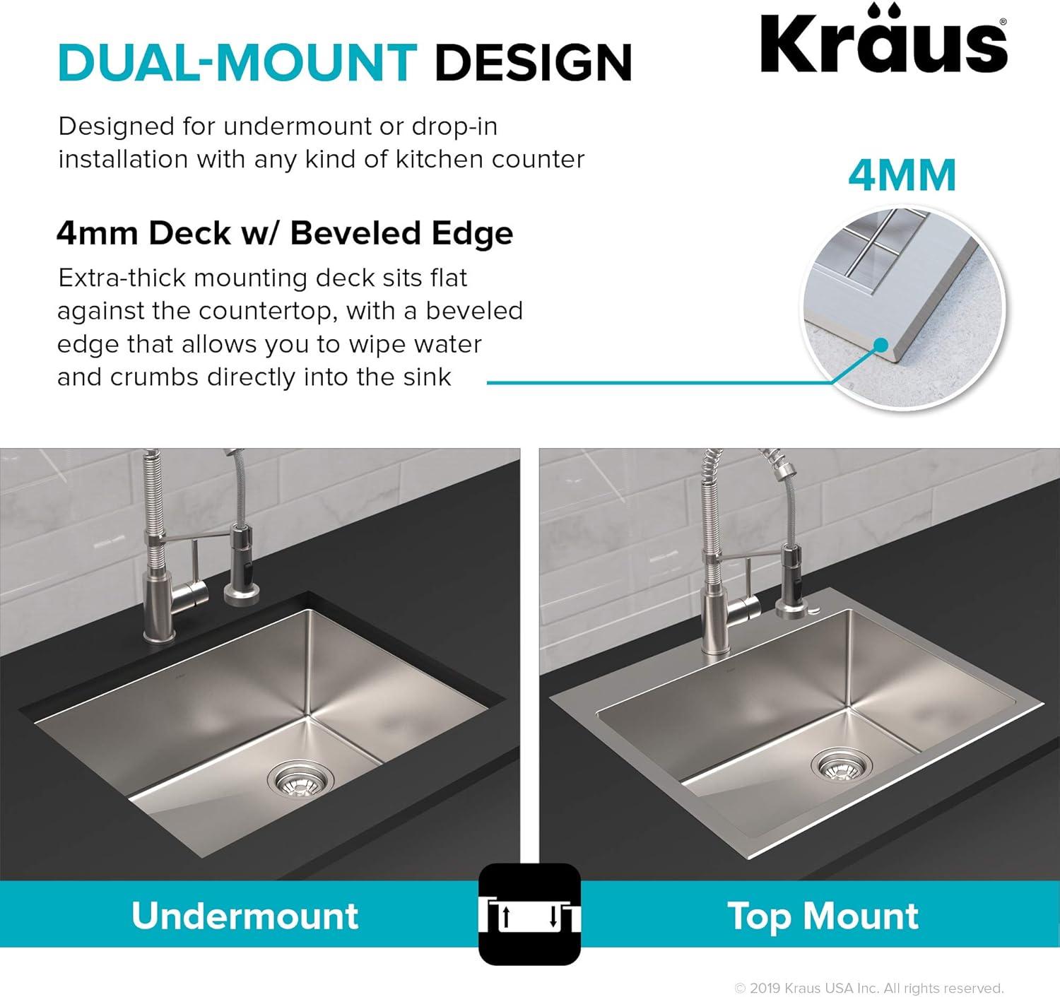 Kraus KHT411-25 Standart Pro Drop-in Topmount 16 Gauge Single Bowl 2-Hole Stainless Steel Set (5 Item Bundle: Sink, Bottom Grid, Assembly, Drain Cap, Kitchen Towel), 25 Inch, Tight Radius