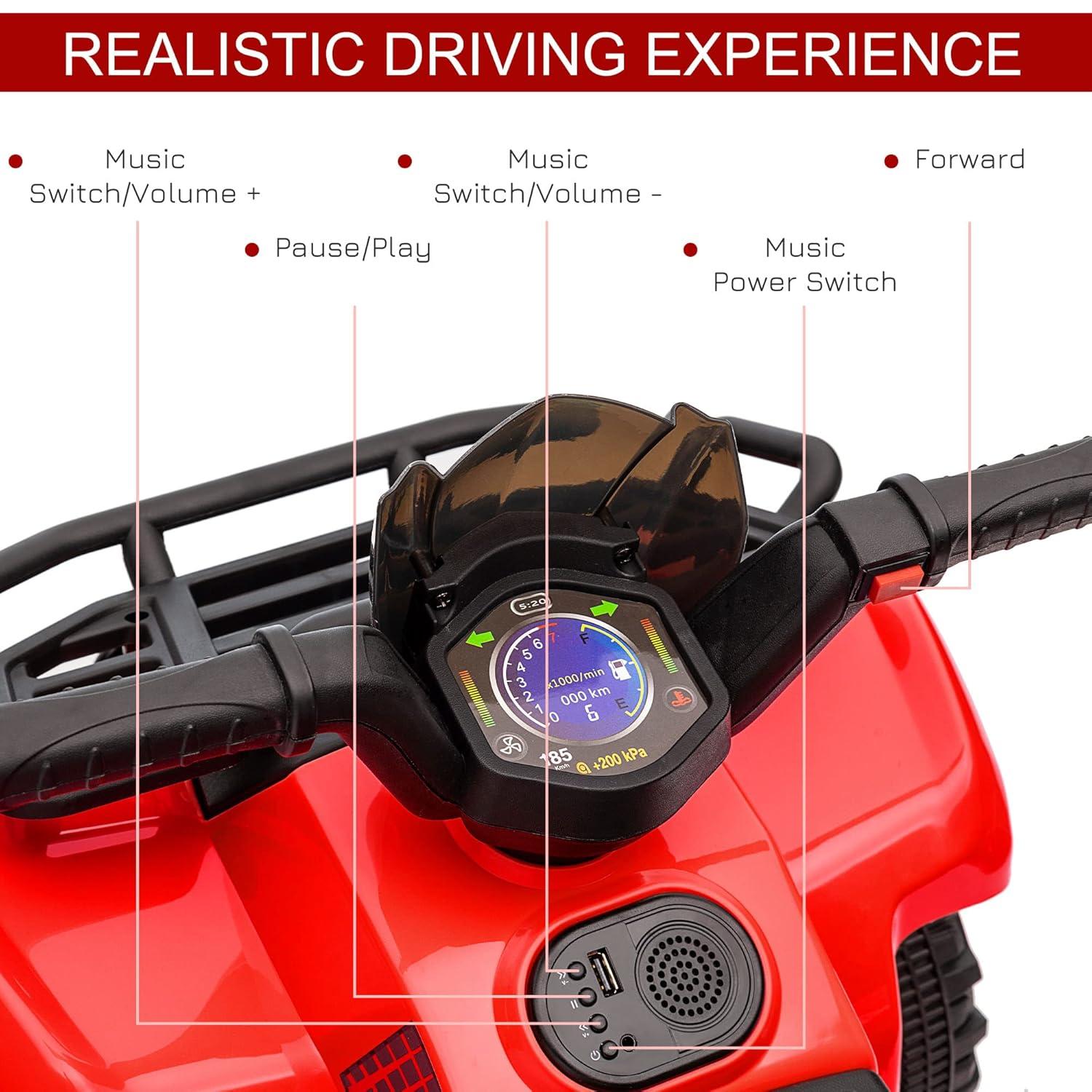 Aosom Kids ATV Four Wheeler Ride on Car, Motorized Quad, 6V Battery Powered Electric Quad with Songs for 18-36 Months, Red