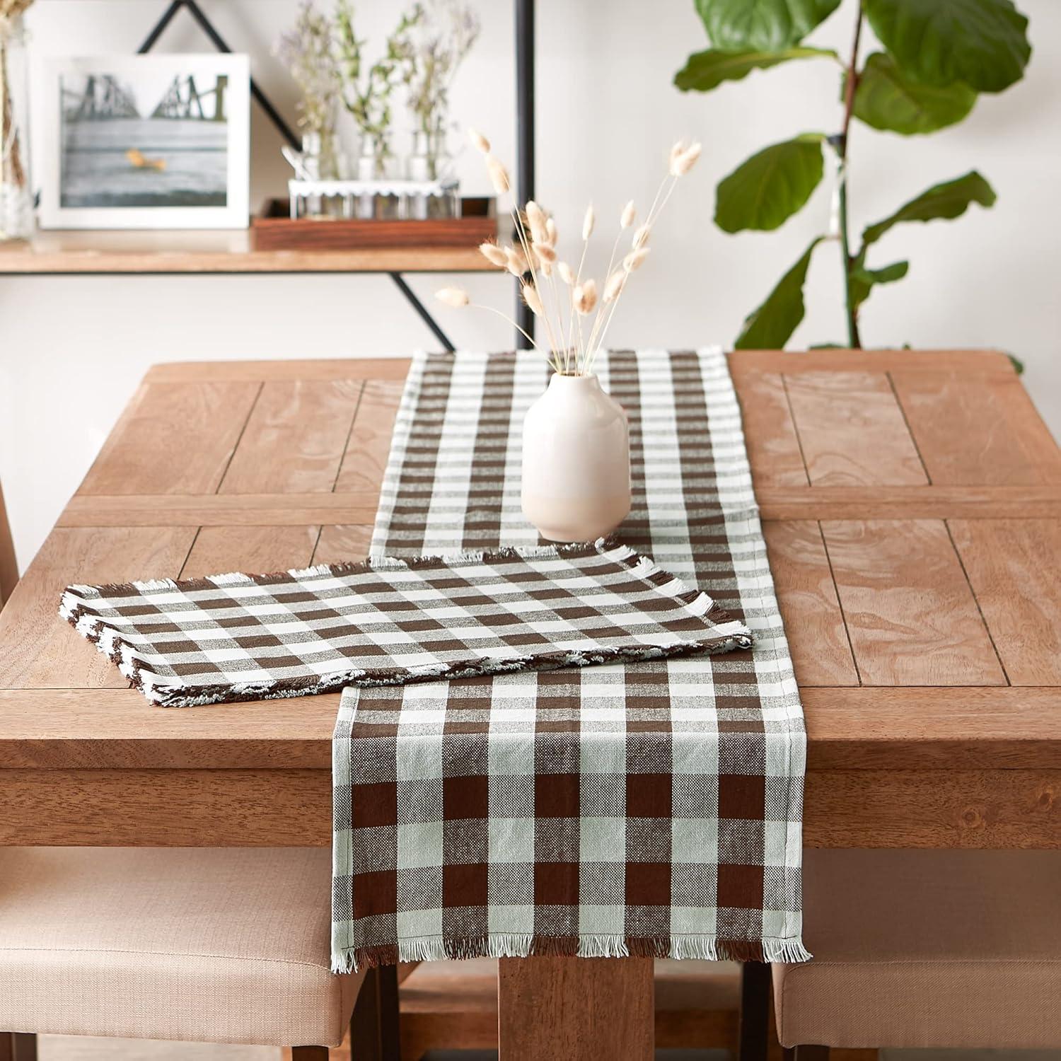 Design Imports Bark Brown Heavyweight Check Fringed Placemat Set/6