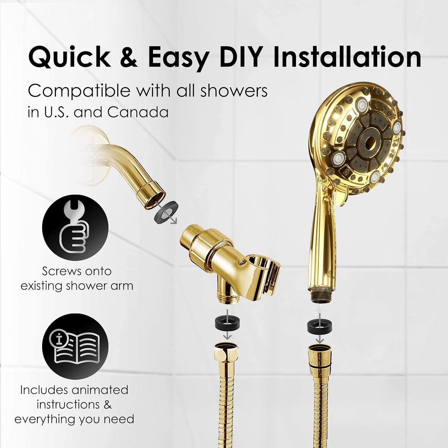 Polished Brass Handheld Shower Head with 6 Spray Settings