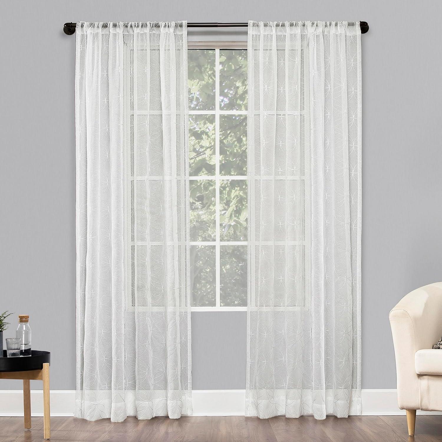 63"x50" Tamaryn Embroidered Trellis Sheer Rod Pocket Curtain Panel Ivory - No. 918: Modern Off-White Polyester Drapery
