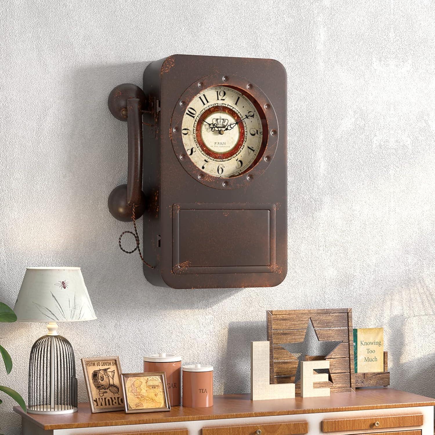 Retro Old Telephone Wall Clock with Hidden Safe, Battery Operated Quartz Metal Wall Clocks, Large Rectangular Vintage Decor Clocks, for Farmhouse, Living Room(16" H x 12" W x 4" D)