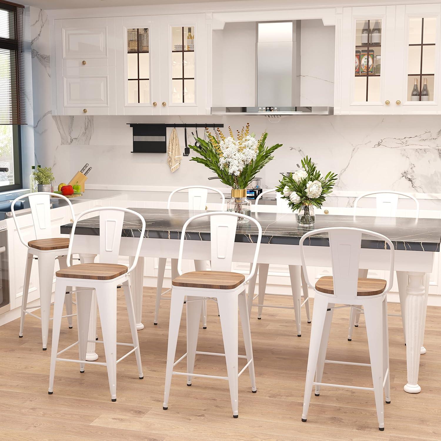 Aklaus Metal Bar Stools Set of 4,24 inch Barstools Counter Height Bar Stool with Back Farmhouse Bar Stools with Larger seat High Back Kitchen Dining Chairs Modern Bar Chairs White Cream Stool