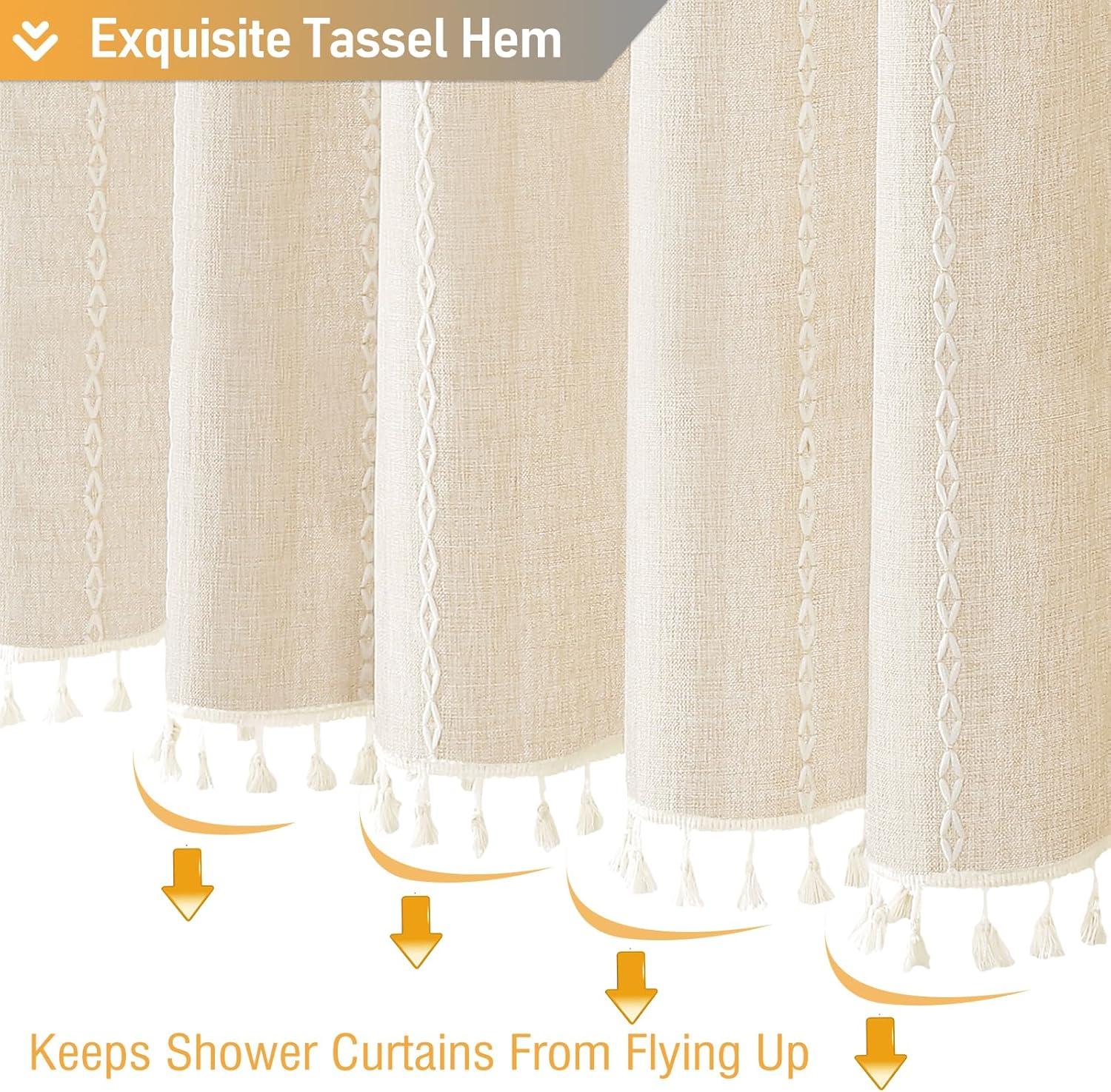 Beige Linen Boho Farmhouse Shower Curtain with Tassels