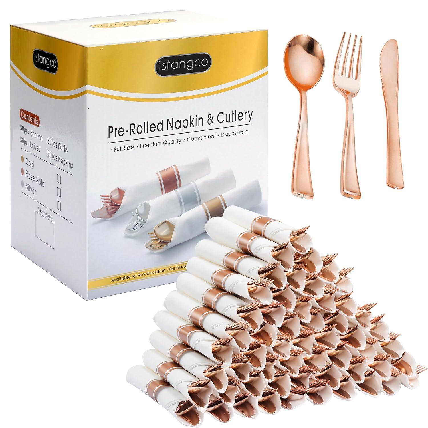 SparkSettings Rose Gold Plastic Silverware, 50 Pre Rolled Napkin and Cutlery Set