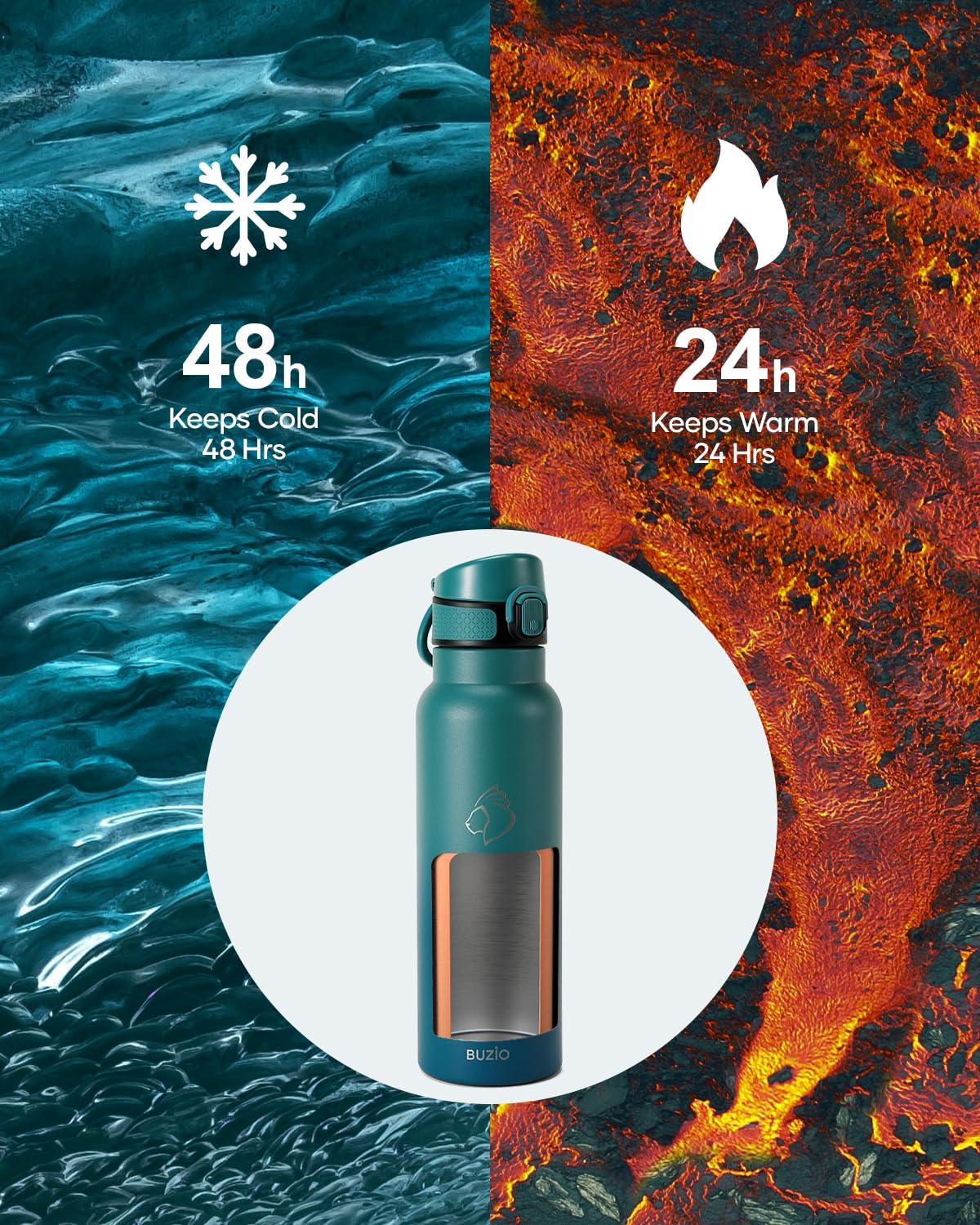 Buzio 32 oz Insulated with Straw & Brush Vaccum Stainless Steel Metal 3 Lids Water Flask for Sports, Gym or Office Keep Cold 48H Hot 24H，Pacific Prince