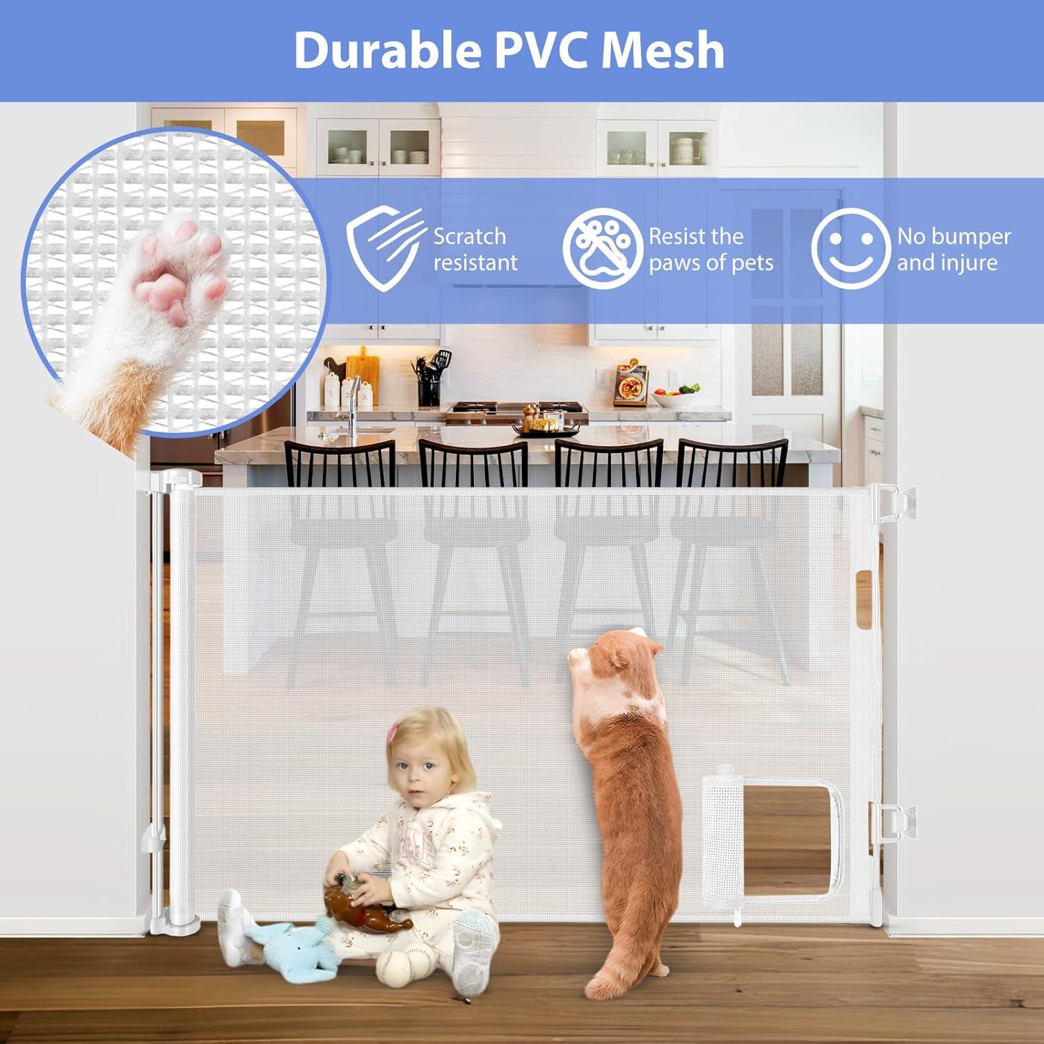 Retractable Baby Gate with Pet Door 55" Wide Retractable Dog Gate with Door Doorway Gate with Cat Door Child Gate with Cat Door Toddler Gate Outdoor Gates for Decks Mesh Baby Gate for Stairs Pet Gate