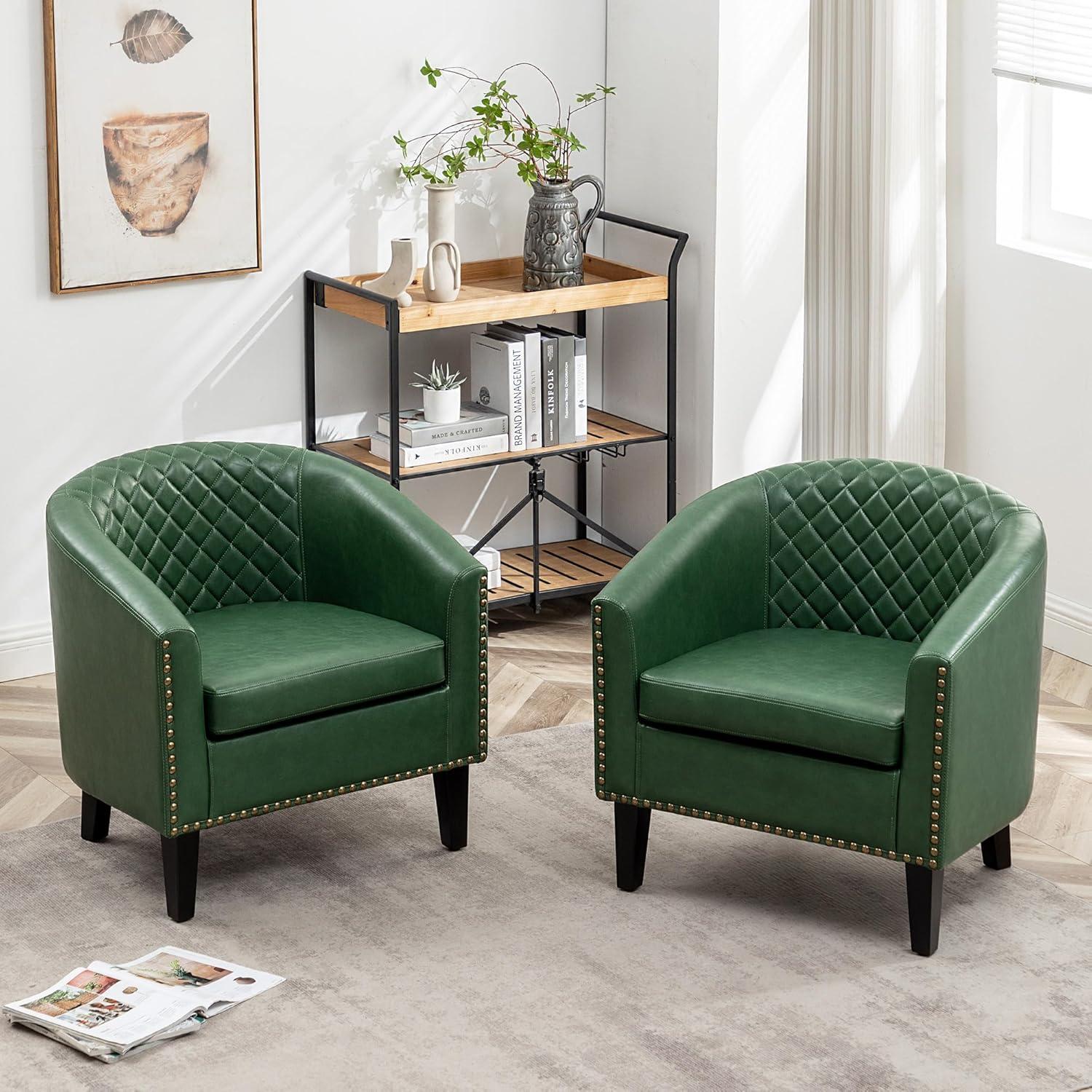 Green Faux Leather Barrel Accent Chairs with Nailhead Trim, Set of 2