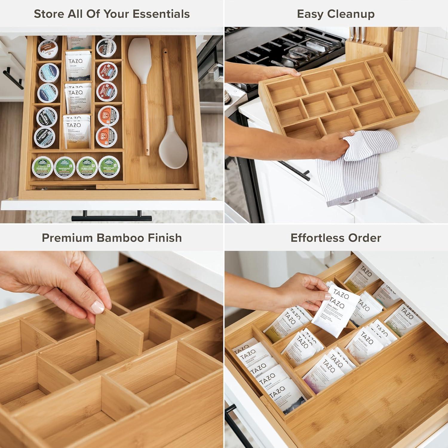 KitchenEdge Tea Bag and Coffee Pod Kitchen Drawer Organizer, Expandable 10 to 17 Inches, 10 Accessory Compartments with Adjustable Wall Inserts, Non-Slip Rubber Feet, 100% Sustainable Bamboo Wood