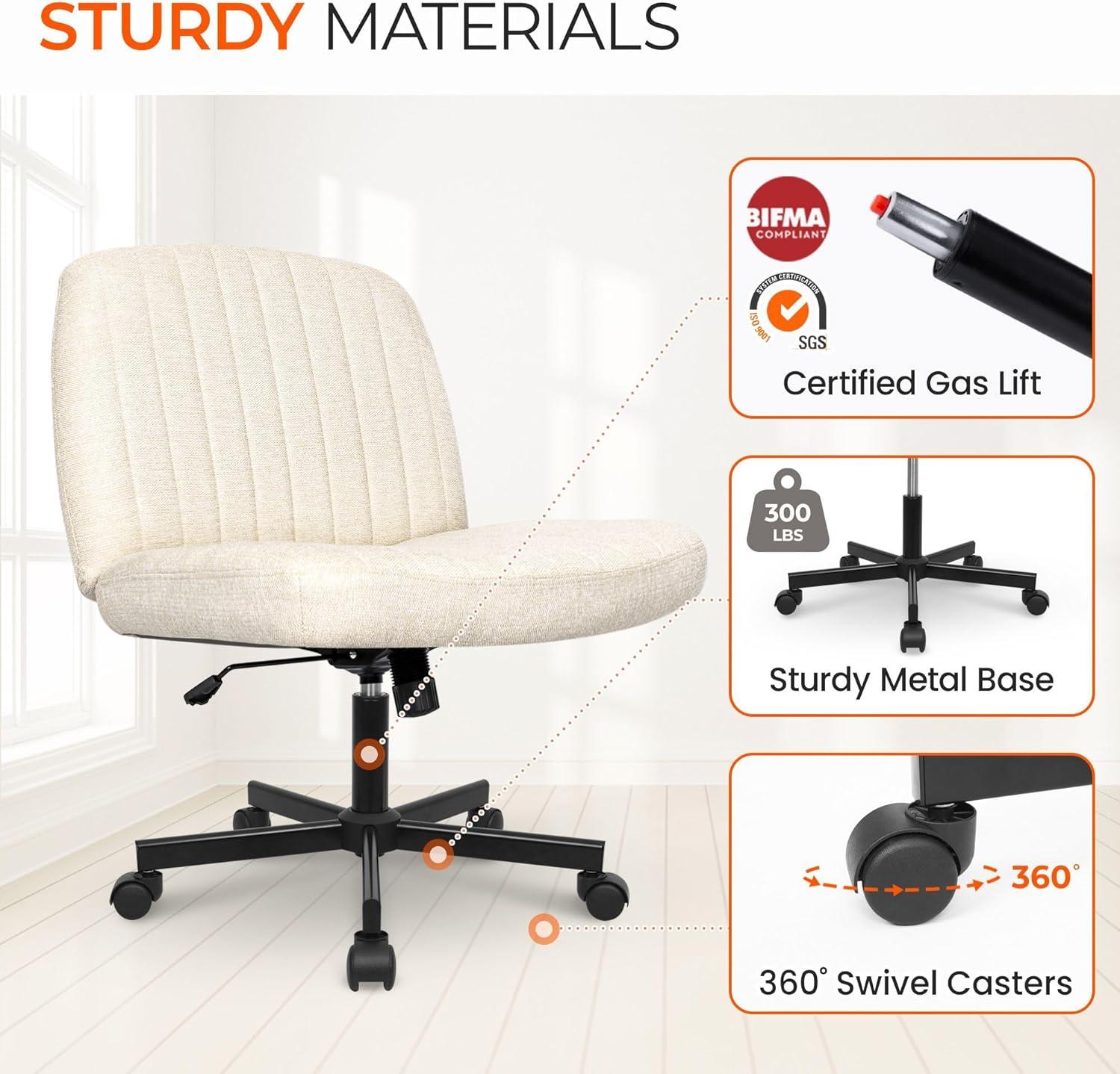 Orange Factory Beige Office Chair, Armless Criss Cross Legged Chair with Wheels, Comfy Home Office Desk Chairs, Adjustable Swivel Padded Fabric Vanity Task Computer Chair