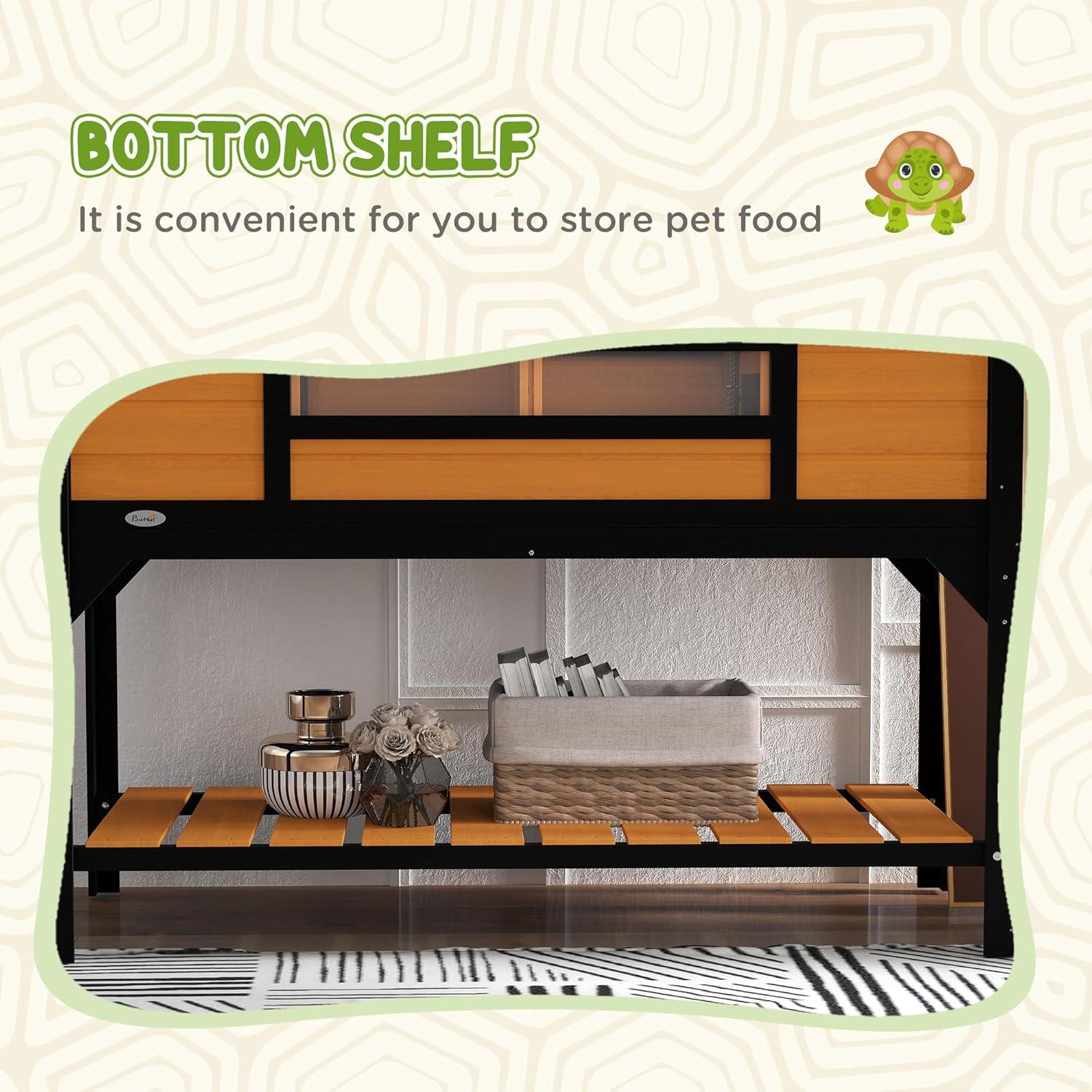 PawHut Tortoise Habitat with Adjustable Lamp Holder, Wooden Tortoise Enclosure with Storage Shelf, Dual Main Houses, Fixed Tray, Openable Lid, Yellow