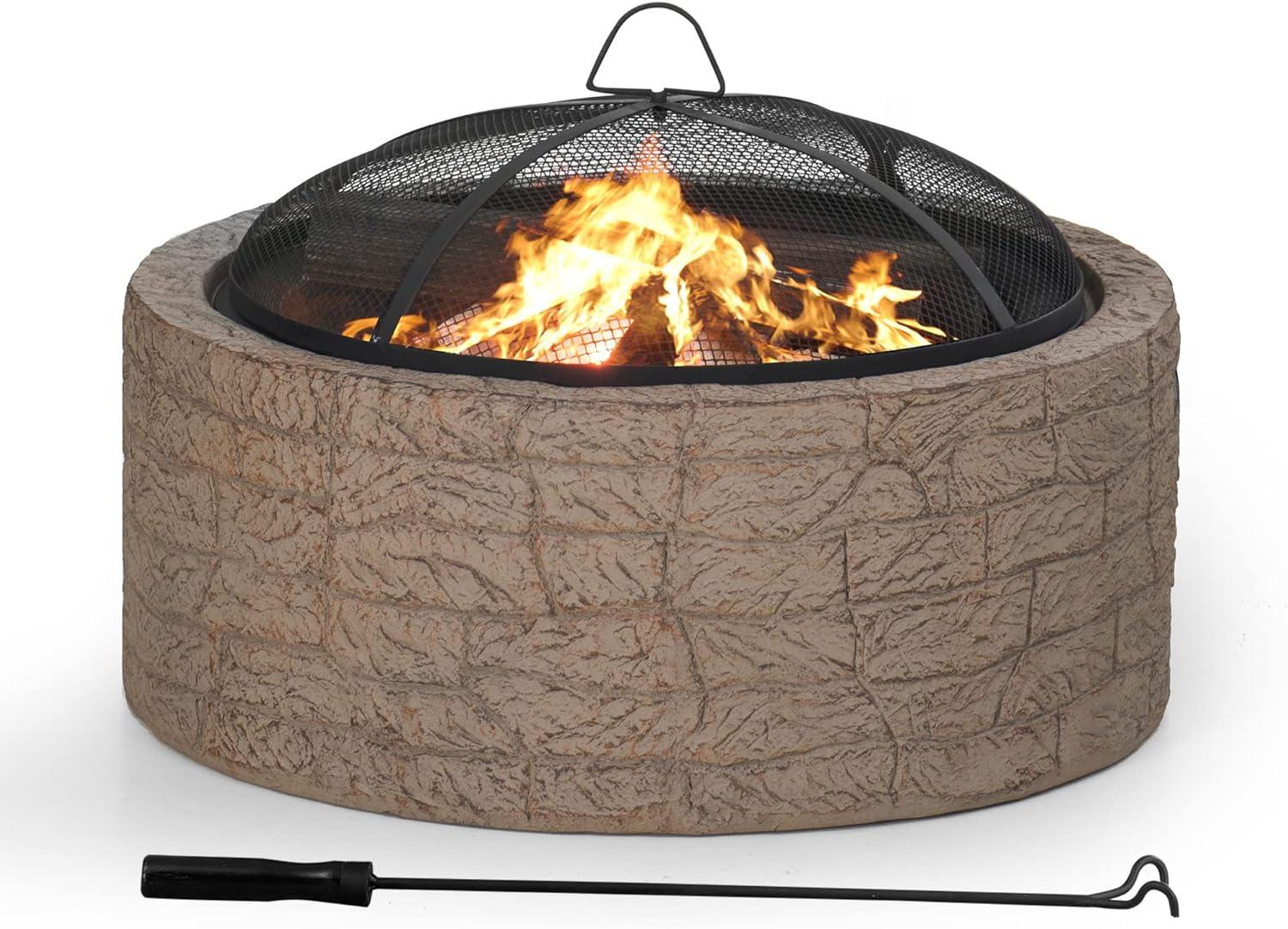 SUNJOY 26 Inch Stone Fire Pit, Patio Outdoor Round Wood Burning Fire Pits for Outside with Spark Screen and Poker, Khaki