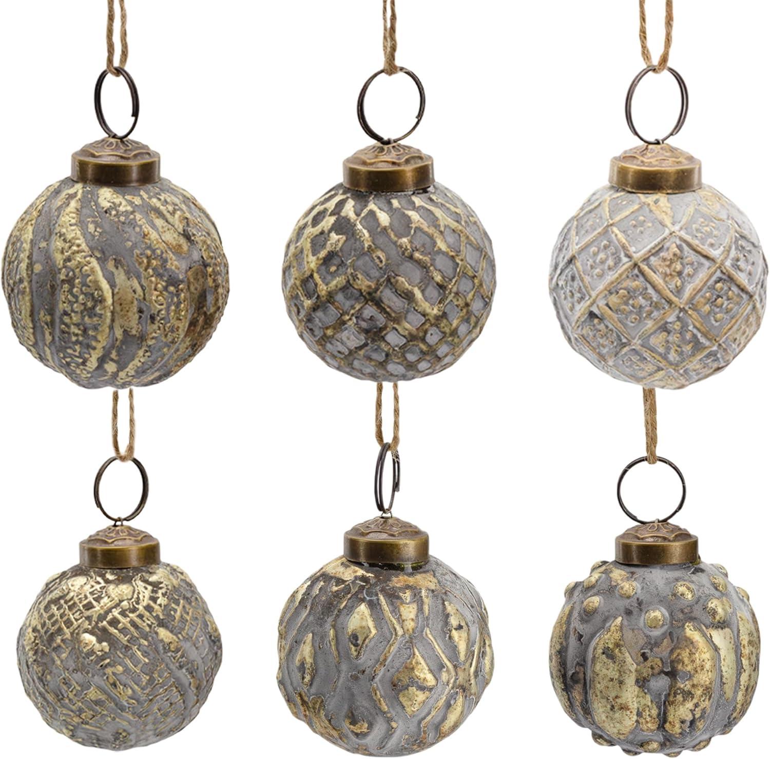 Distressed Silver and Gold Glass Ball Ornaments Set of 6