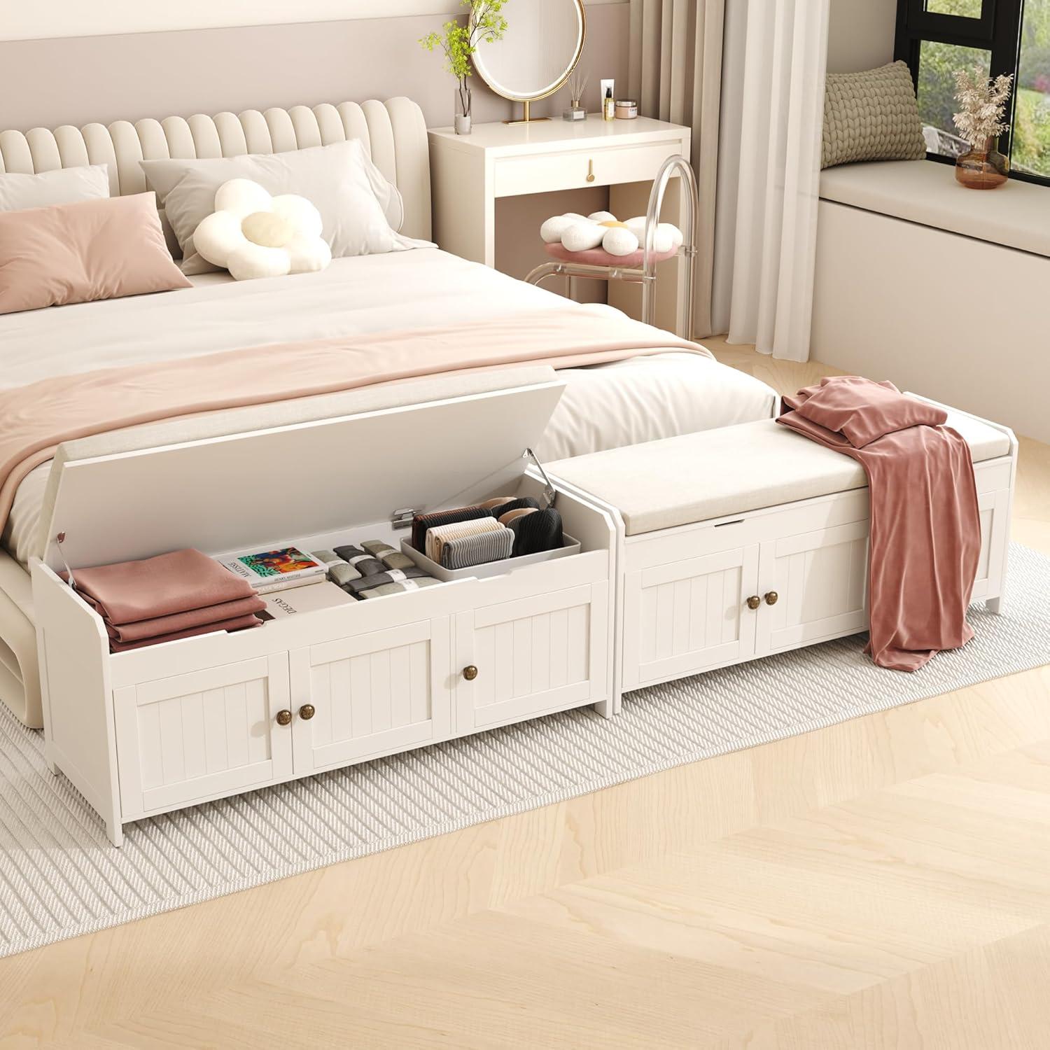 HOMEFORT 41.3" Shoe Bench with Lift Top Storage, Entryway Bench with Cushioned Seat, Wooden End of Bed Bench, Shoe Cabinet Bench with Hidden Storage Space, for Bedroom, Hallway,White