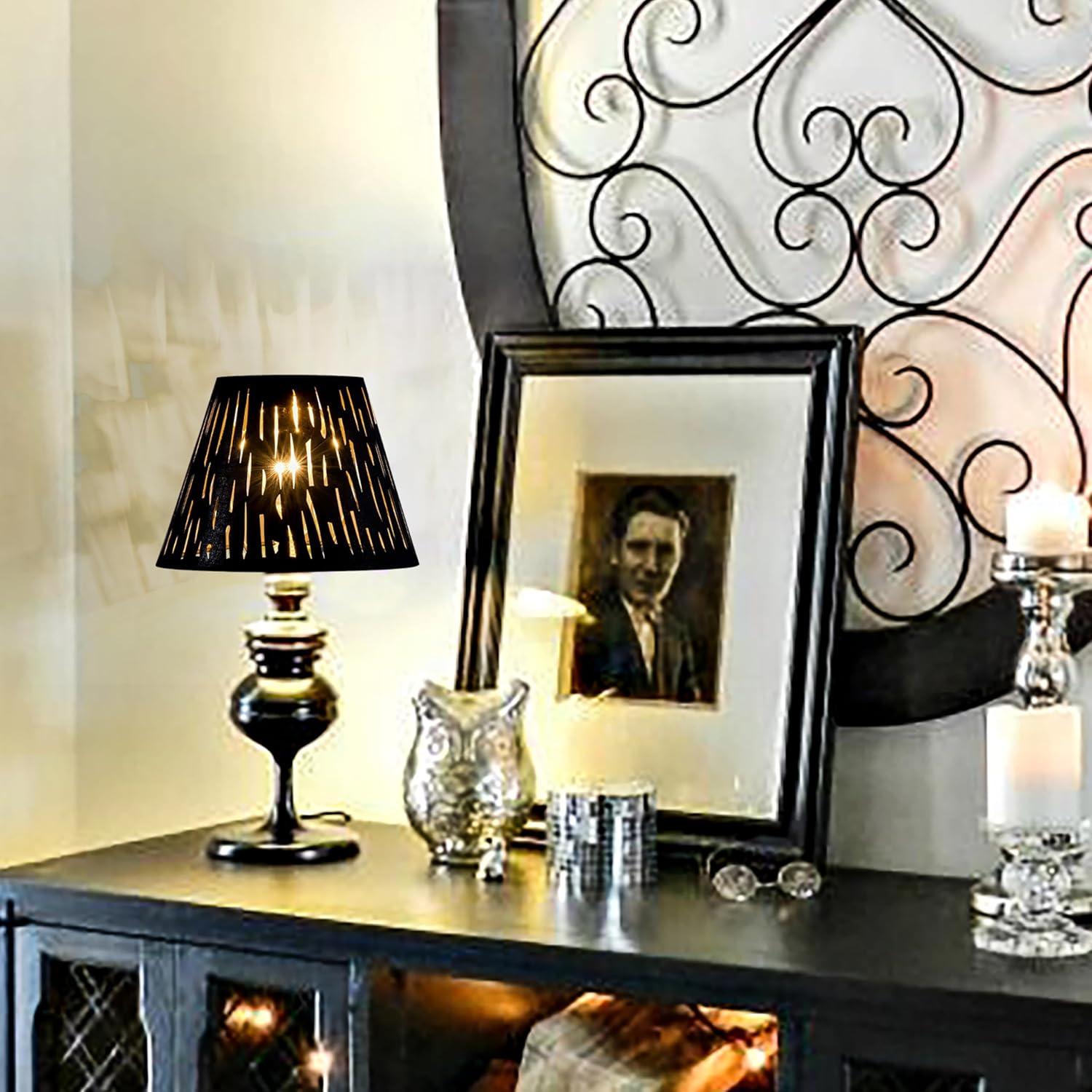 GO&SO Set of 2 Small Black Drum Lamp Shades, 5" Top x 9" Bottom x 6.4" High (Spider), Laser Etching Fabric Lamp Shades for Table, Floor, Wall Lamps -No Assembly Required, Modern Replacement Lampshades