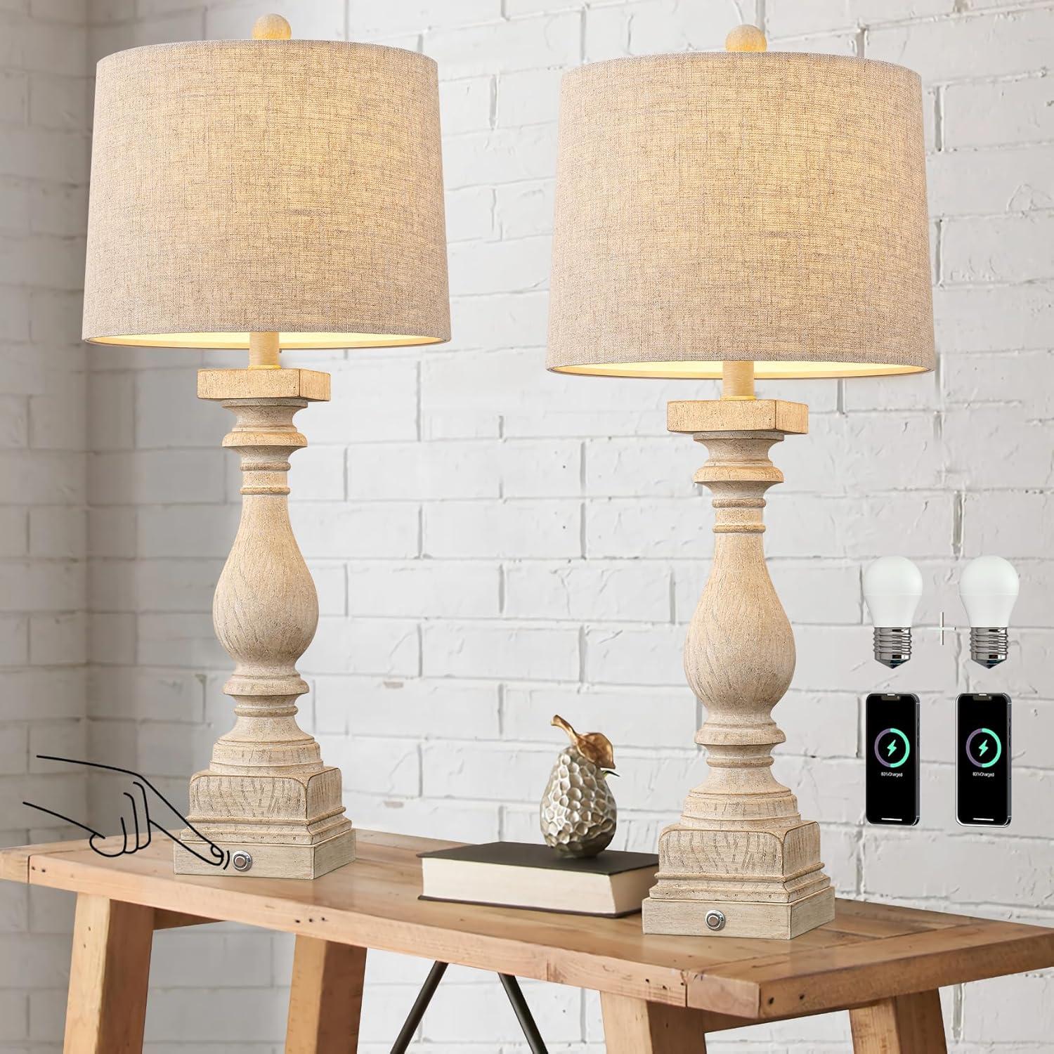 27" Antique White Touch Control Table Lamp Set with USB Ports