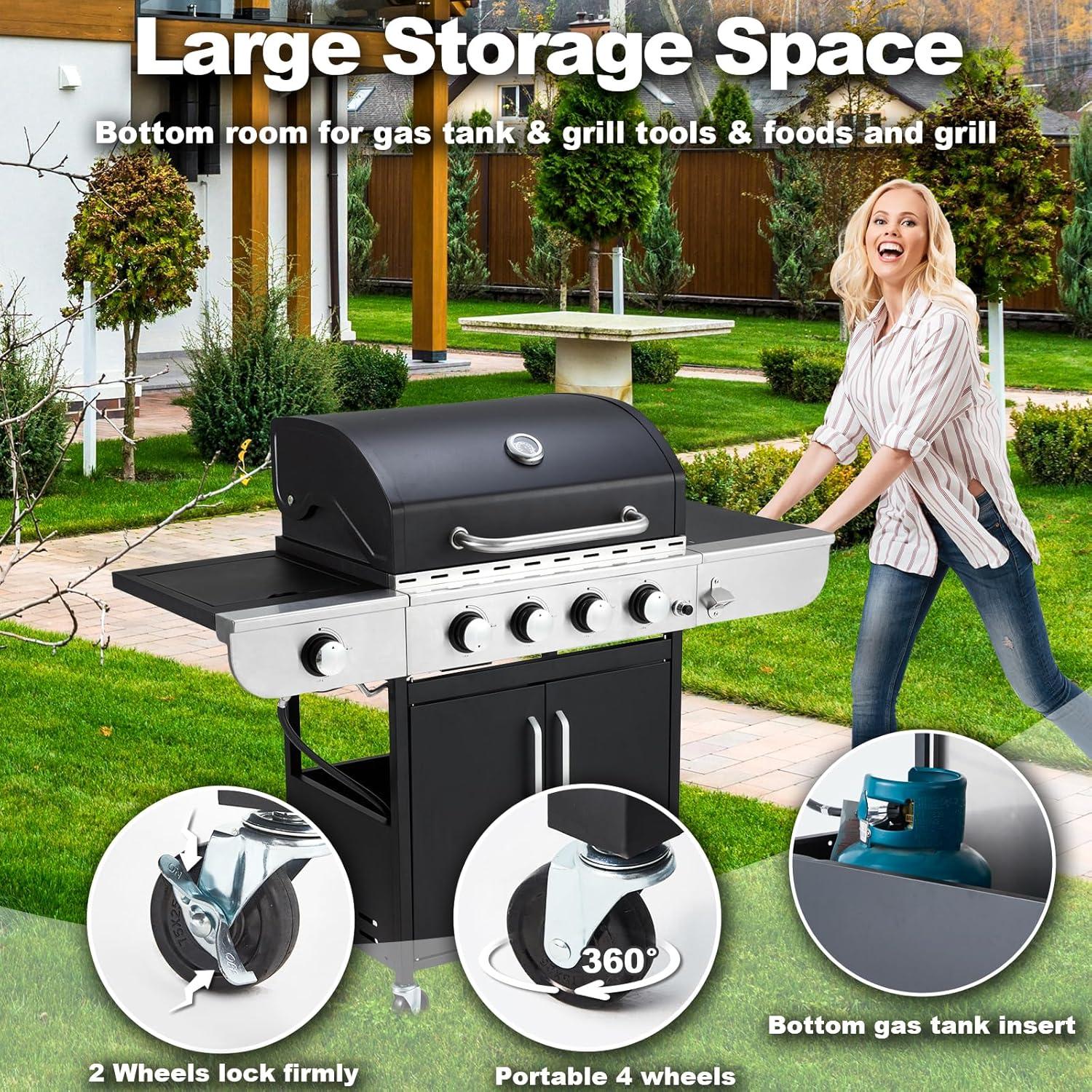 Yoleny 4 Burner BBQ Propane Gas Grill，24,000/36,000 BTU Stainless Steel with Stove and Side Table