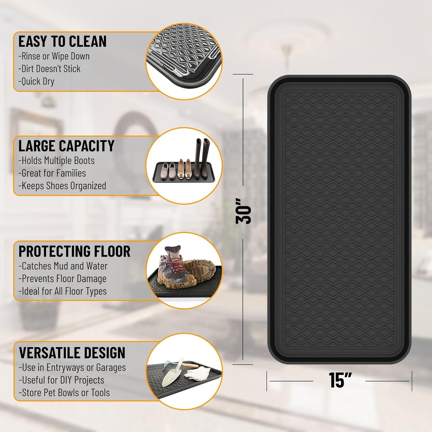 Ottomanson Easy Clean, Waterproof Indoor/Outdoor Rubber Boot Tray, 15" x 30", Black