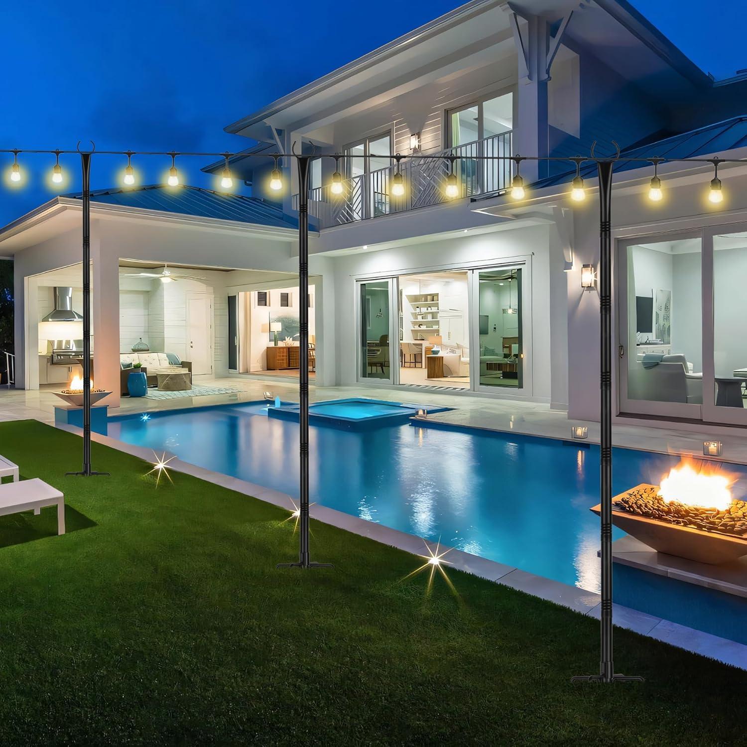 Suchtale 2 Pack 2.8 FT String Light Poles, Suspension Outdoor Fence Post Lights with Clip and Bracket SL-007-WF