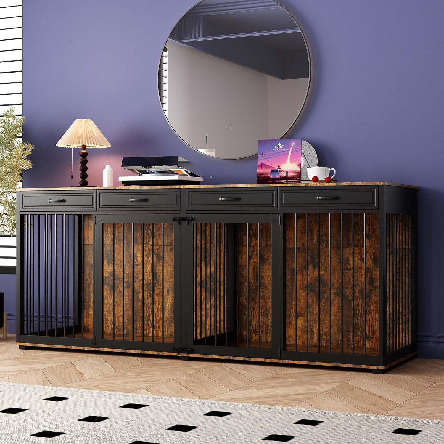 Famapy Spacious Large Double Dog Cage Furniture with Multiple Drawers Black