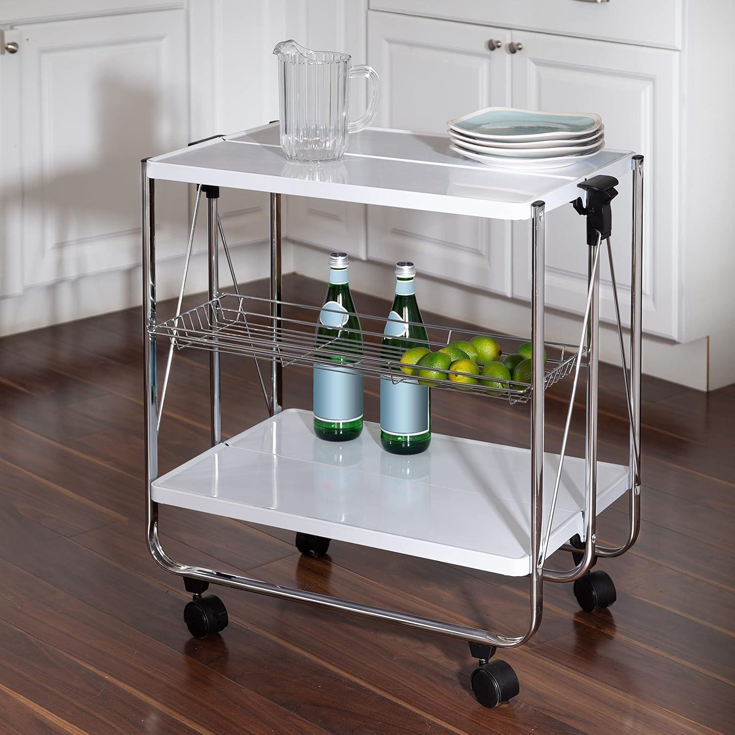 White and Chrome Foldable Kitchen Cart with Storage