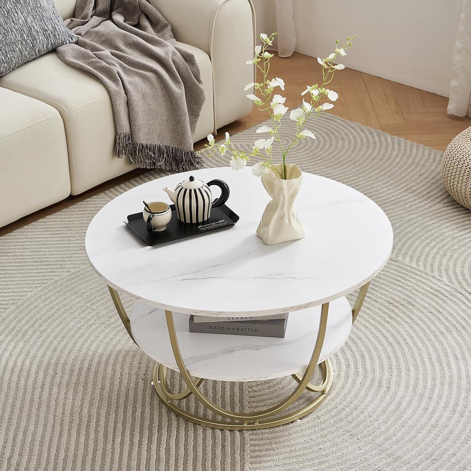 30 Inch White Marble Print Coffee Table with Gold Frame and Storage