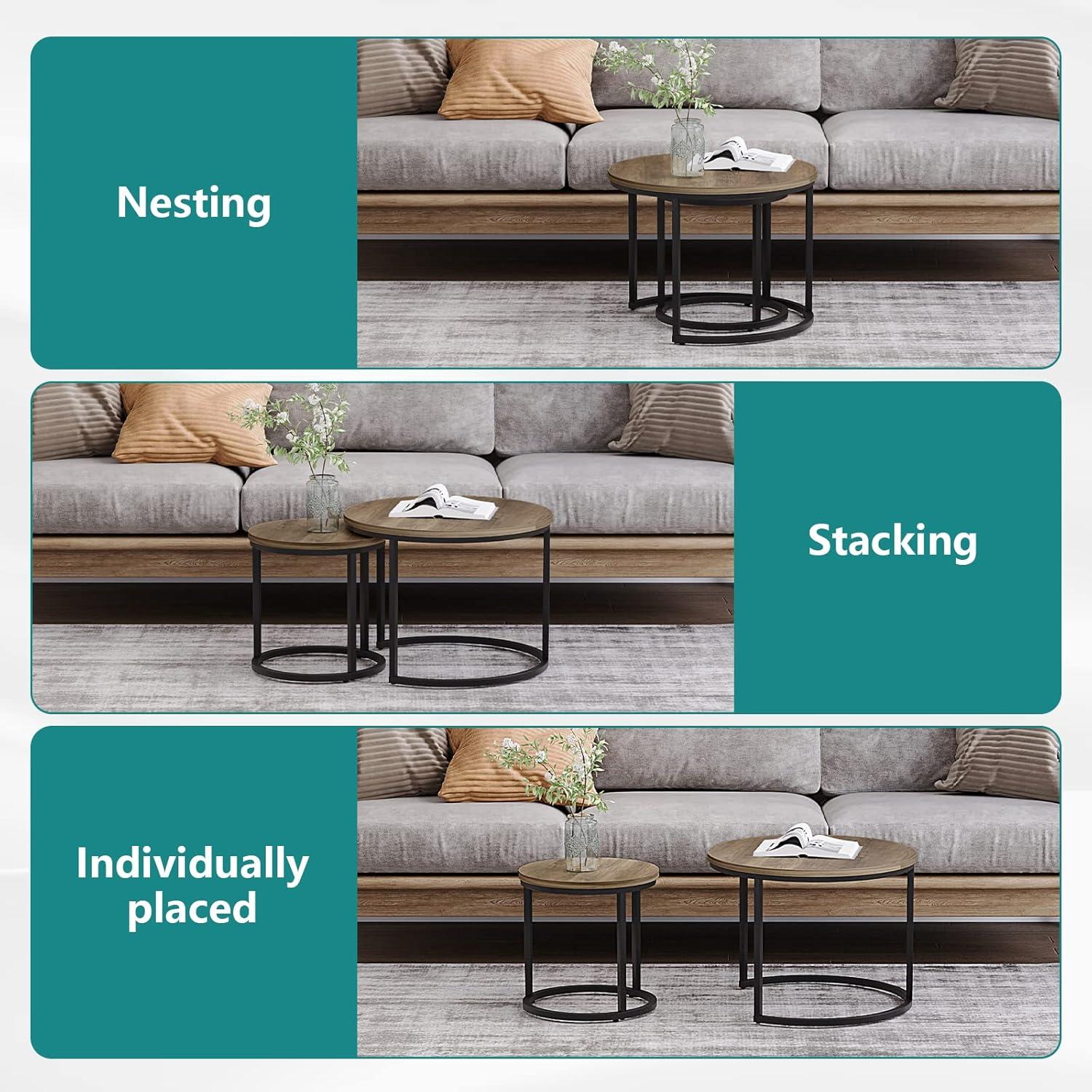 Modern Round Black Wood Grain Nesting Coffee Table Set