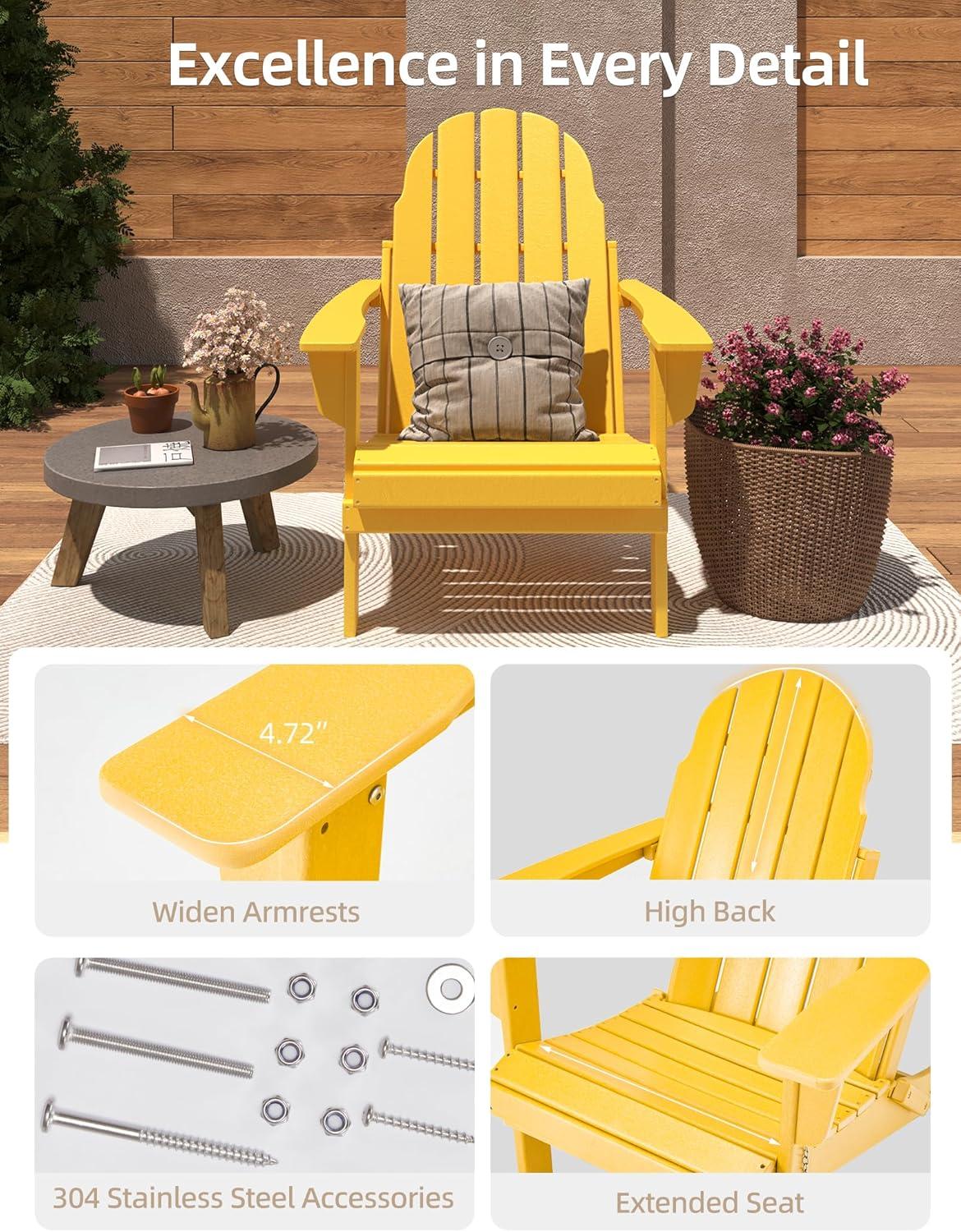 Folding Adirondack Chair - Durable HDPE Poly Lumber All-Weather Resistant, Foldable Oversized Balcony Porch Patio Outdoor Chair for Lawn, Backyard, Deck, Garden, Camping - Easy Installation, Yellow
