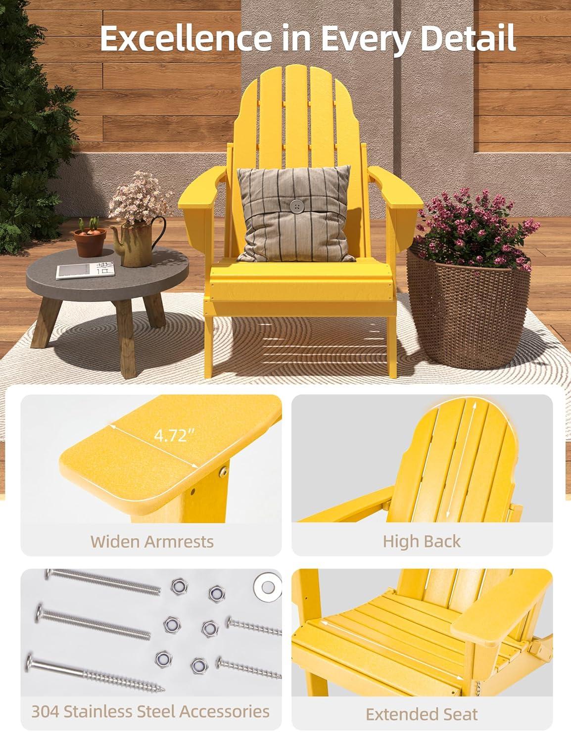Folding Adirondack Chair - Durable HDPE Poly Lumber All-Weather Resistant, Foldable Oversized Balcony Porch Patio Outdoor Chair for Lawn, Backyard, Deck, Garden, Camping - Easy Installation, Yellow