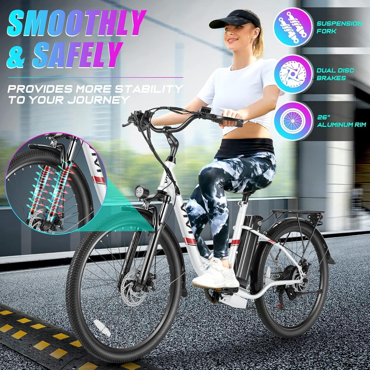 Vivi Electric Bike for Adults 26" Electric Cruiser Bike 48V 500W Step-Through Electric Bike 19.8MPH City Commuter Electric Bike with Cruise Control, UL2849 Certified