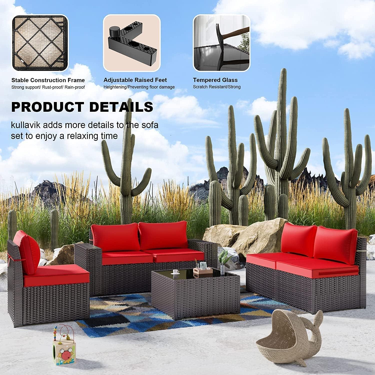 Kullavik 9 Pieces Outdoor Patio Furniture Set Outdoor Sectional Rattan Sofa Set Brown Manual Wicker Patio Conversation Set with Navy Blue Cushions,1 Tempered Glass Tea Table and Cushions Covers