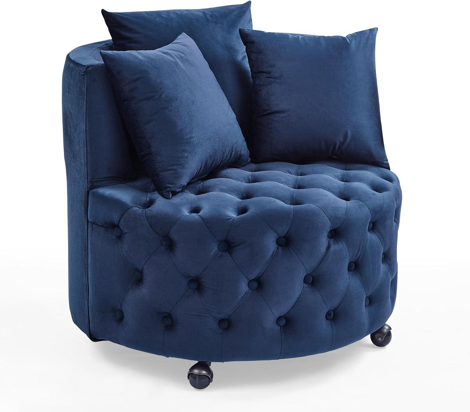 Velvet Upholstered Swivel Chair with 4 Universal Caster Wheels, Wooden Button Tufted Design Single Sofa Chair with 3 Pillows for Apartment, Office, Living Room & Bedroom (Blue)