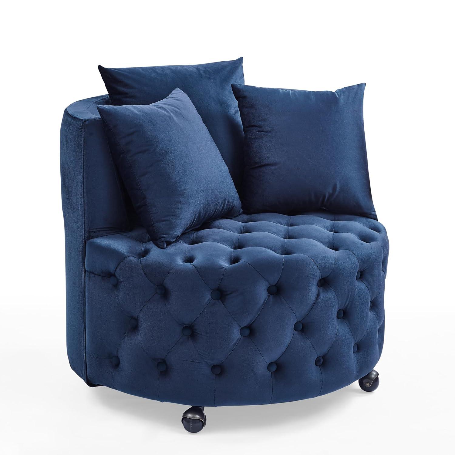 Velvet Upholstered Swivel Chair with 4 Universal Caster Wheels, Wooden Button Tufted Design Single Sofa Chair with 3 Pillows for Apartment, Office, Living Room & Bedroom (Blue)