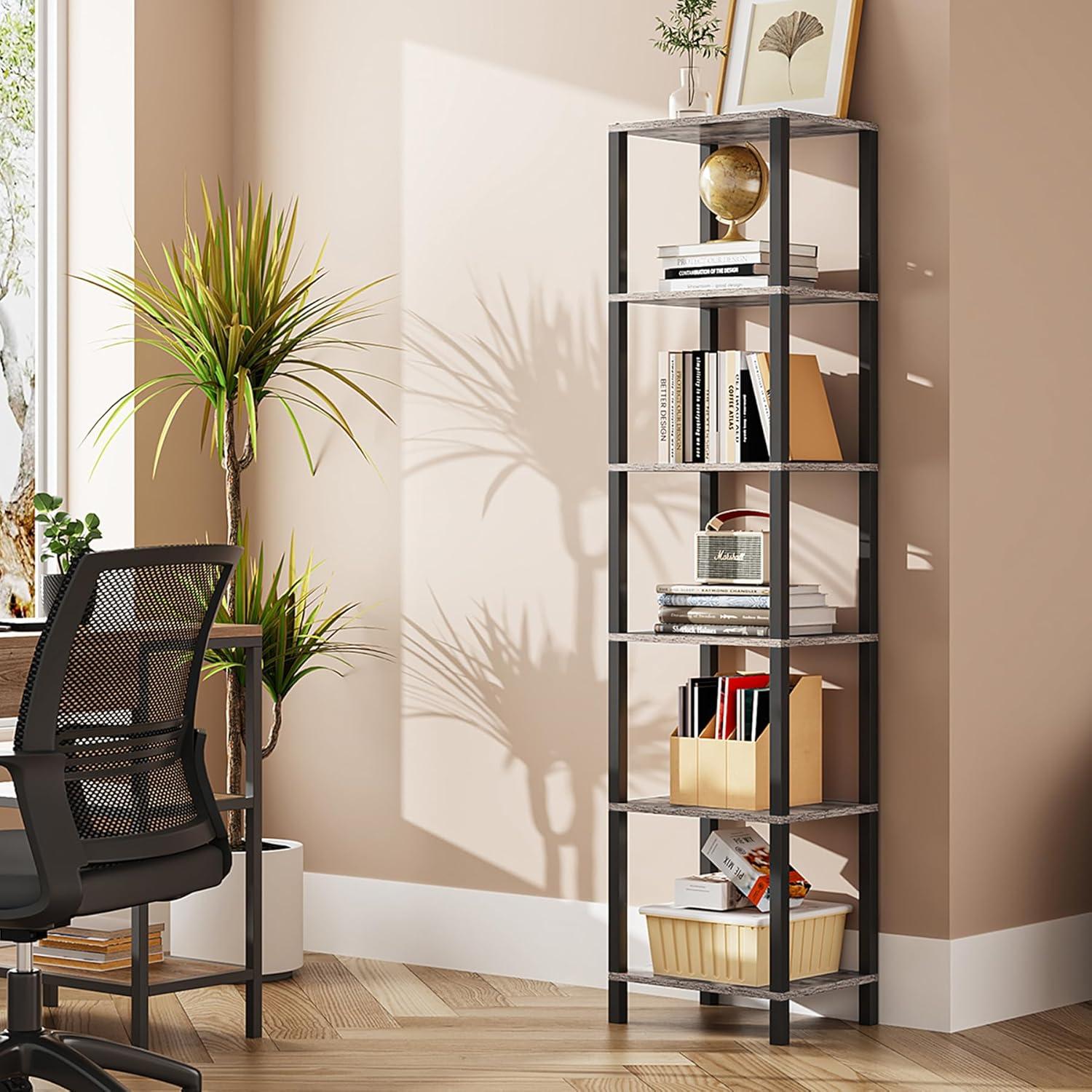 Greige and Black 6-Tier Tall Narrow Bookshelf