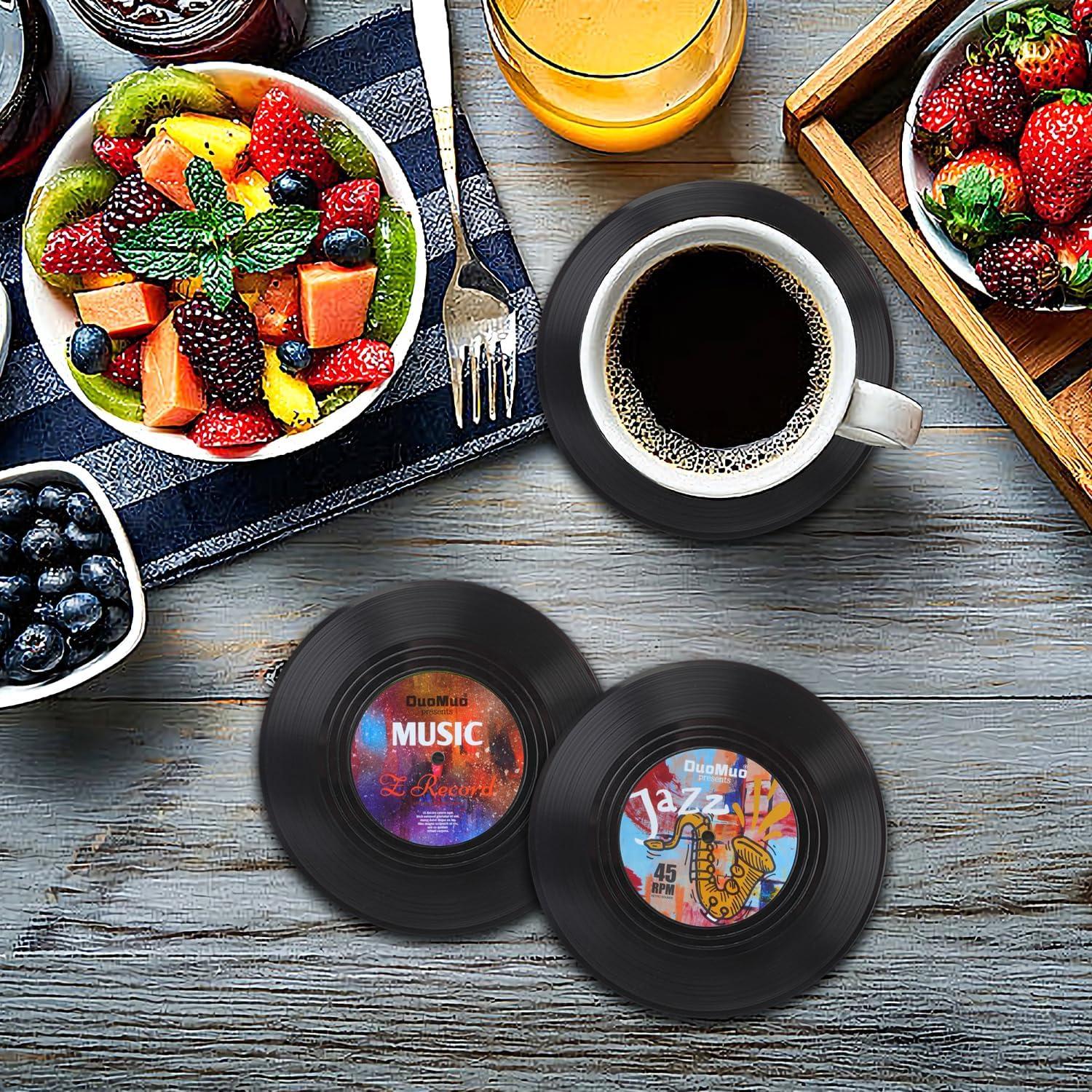 Funny Retro Record Coasters for Drinks with Vinyl Player Holder for Music Lovers,Set of 6 Conversation Piece Sayings Drink Coaster,Housewarming Hostess Wedding Registry Gift Ideas