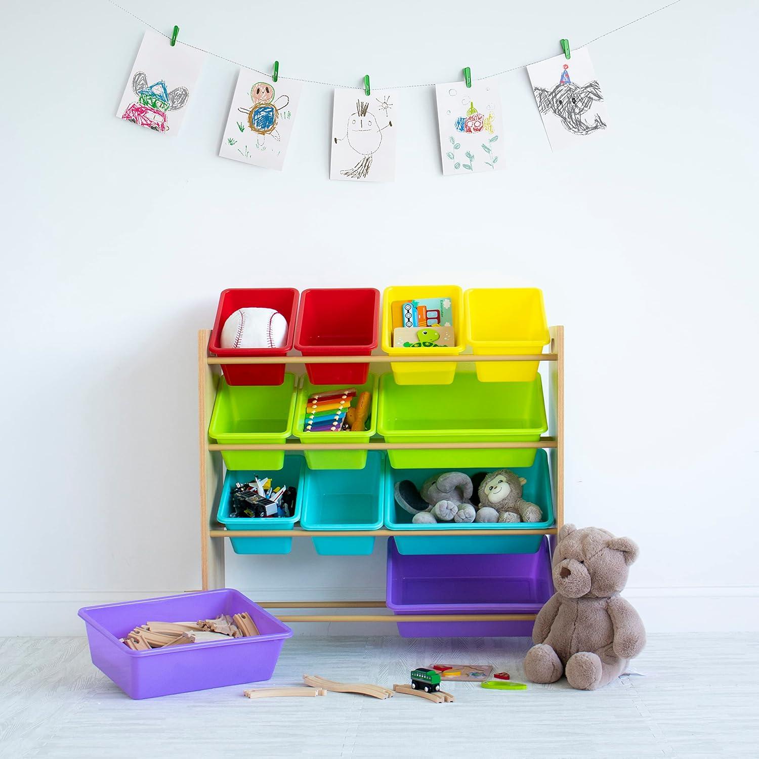 Humble Crew Rainbow Toy Storage Organizer with 12 Plastic Storage Bins, Natural/Rainbow