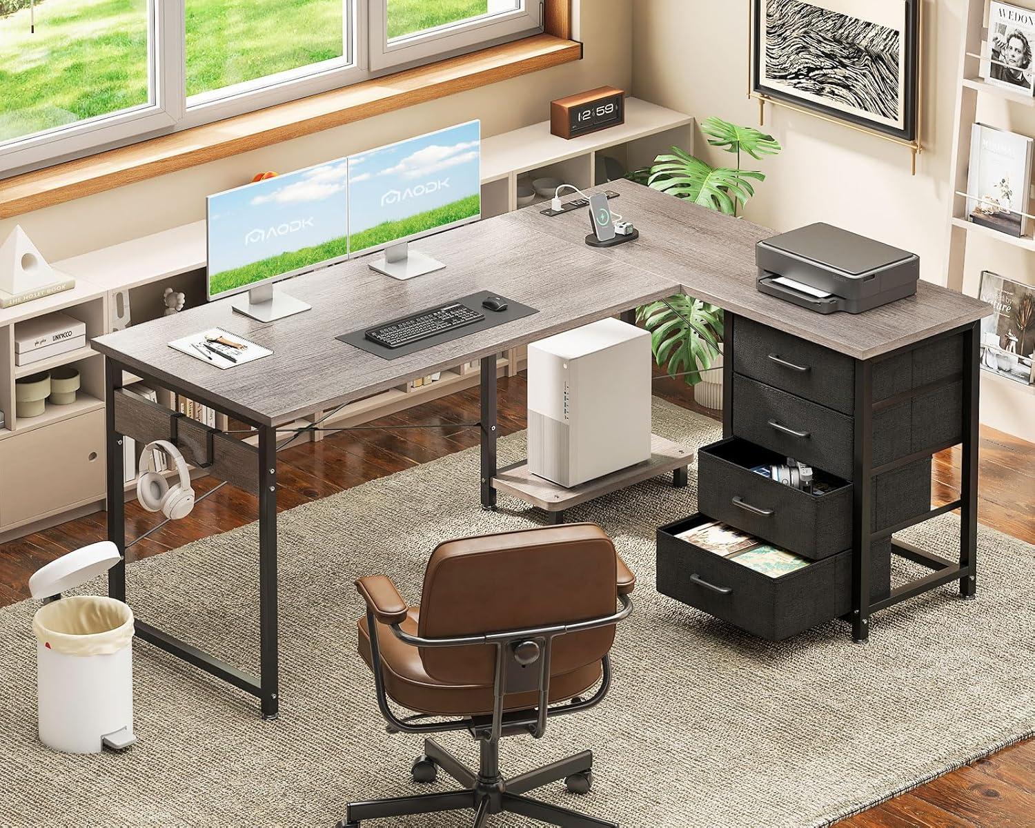 AODK L Shaped Desk with 4 Tier Drawers, 53" Reversible Gaming Desk with Power Outlets, L Shaped Computer Desk with USB Charging Port and Host Stand, Home Office Corner Desk, Easy to Assemble, Grey Oak