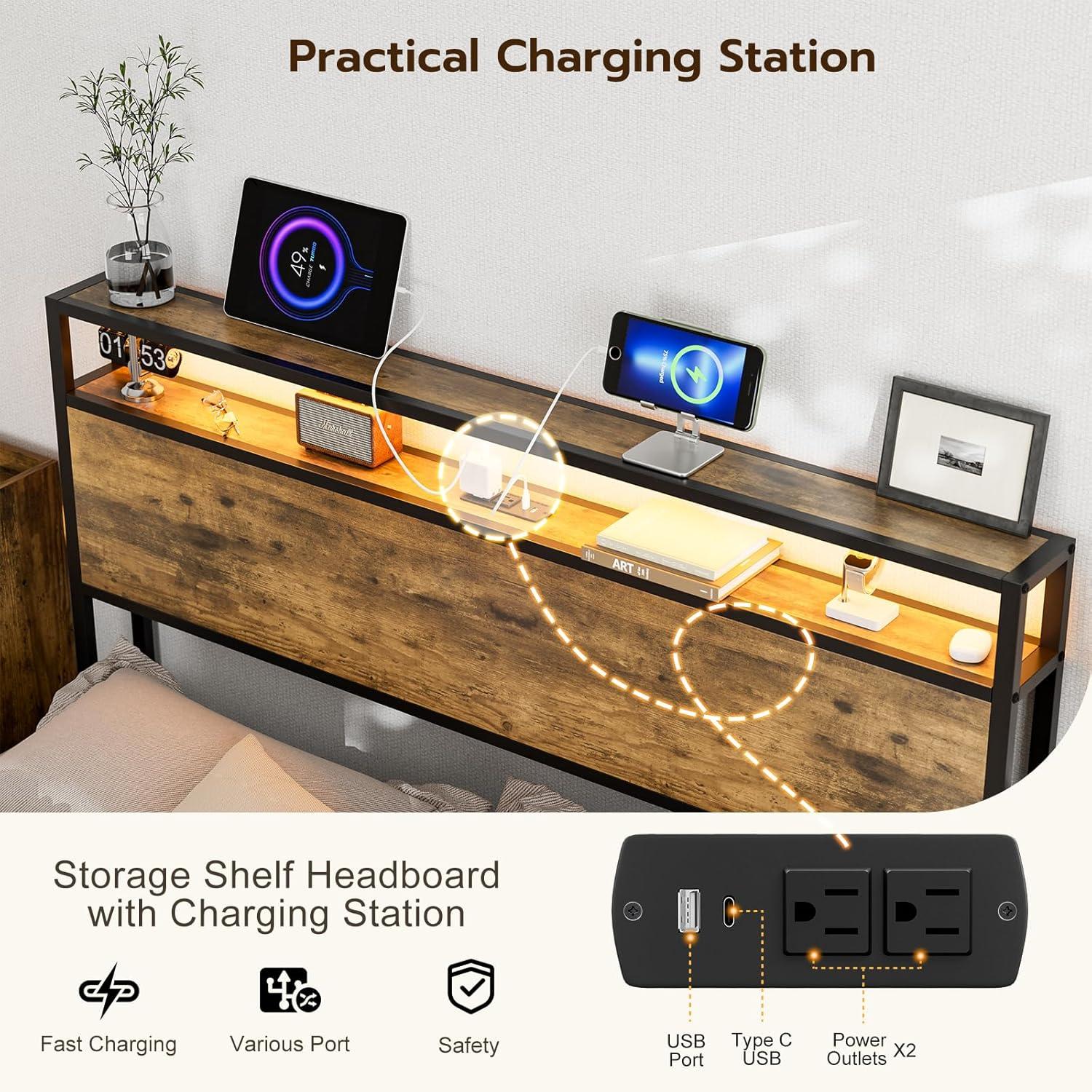 Ivy Bronx Kaiwei Storage Headboard With Led Lights & Charging Station - Industrial Metal And Wood