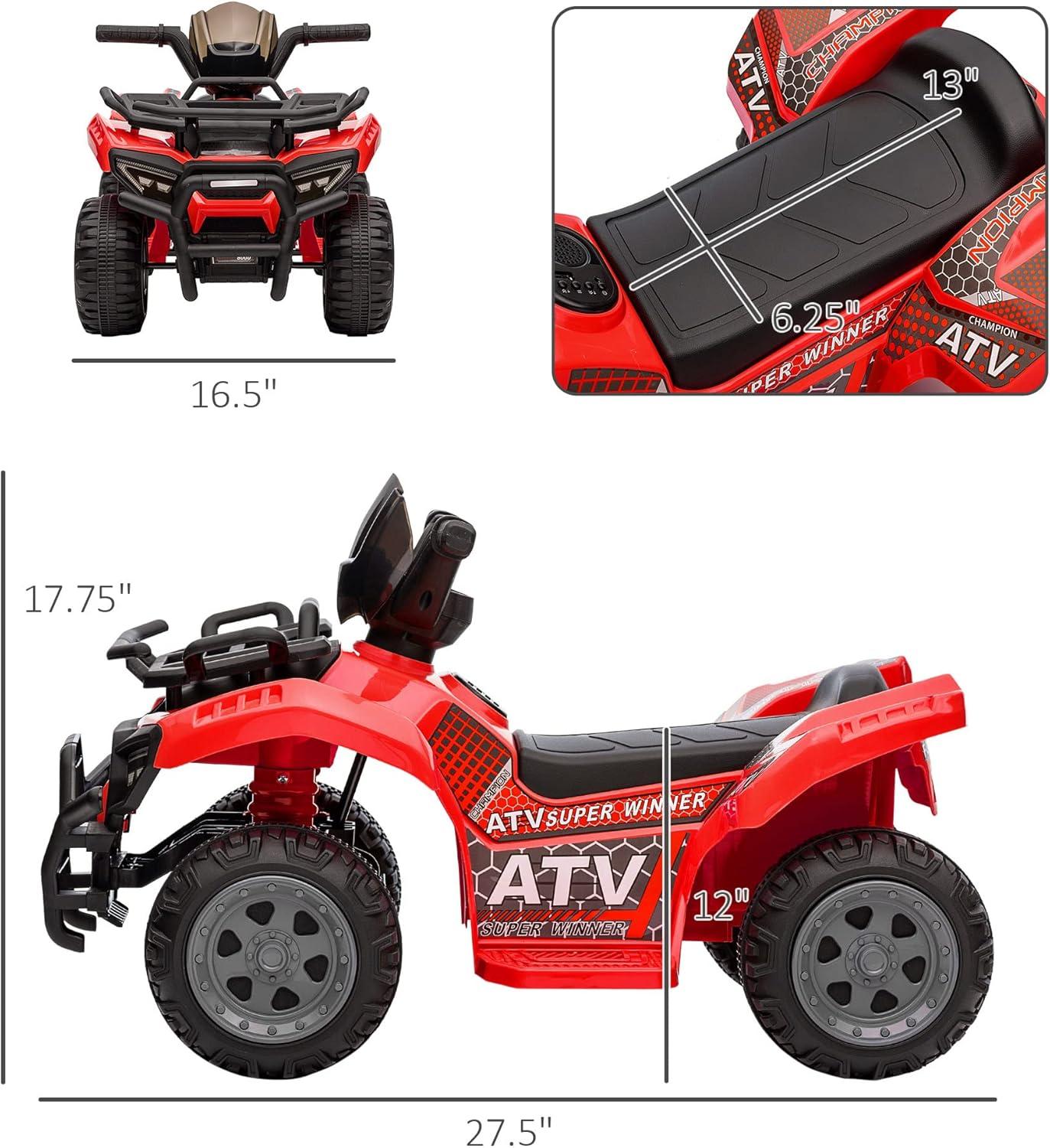 Aosom Kids ATV Four Wheeler Ride on Car, Motorized Quad, 6V Battery Powered Electric Quad with Songs for 18-36 Months, Red