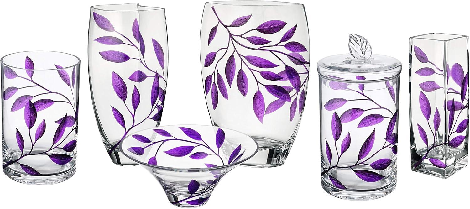 Large Clear Glass Vase with Purple Leaves Design