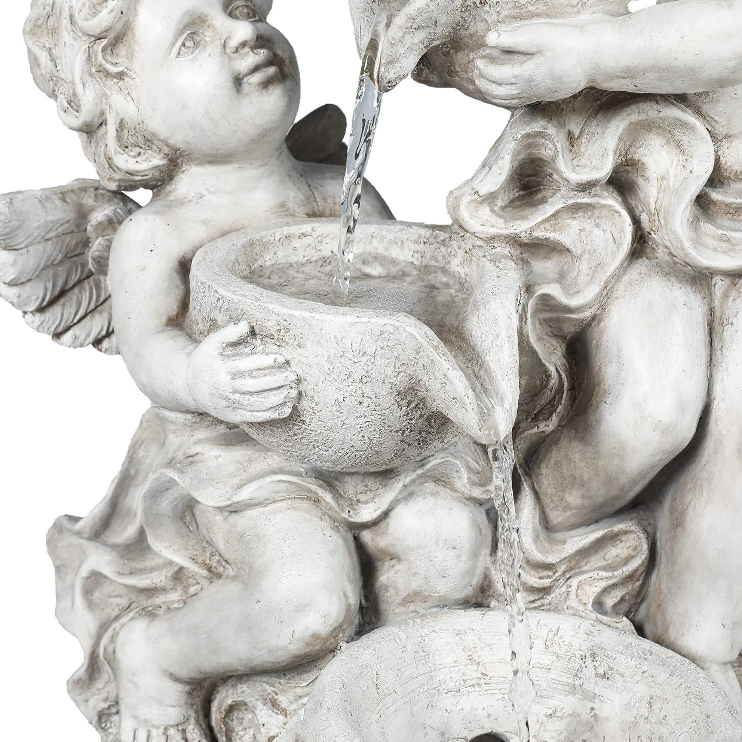 LuxenHome 30” Gray Resin Cherub Angels Outdoor Water Fountain with LED Lights, Garden Fountain Decor for Yard