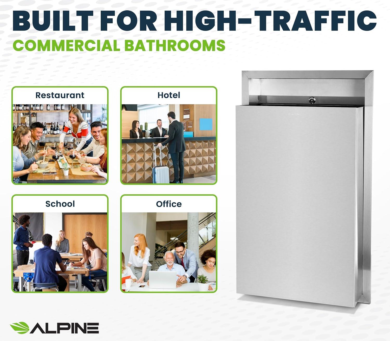 Alpine Recessed Waste Receptacle - Large 12 Gallon Brushed Finish Stainless Steel Mounted in Wall Trash Can for Commercial Bathrooms in High Traffic Areas Like Restaurant, Airport, Hotel, School