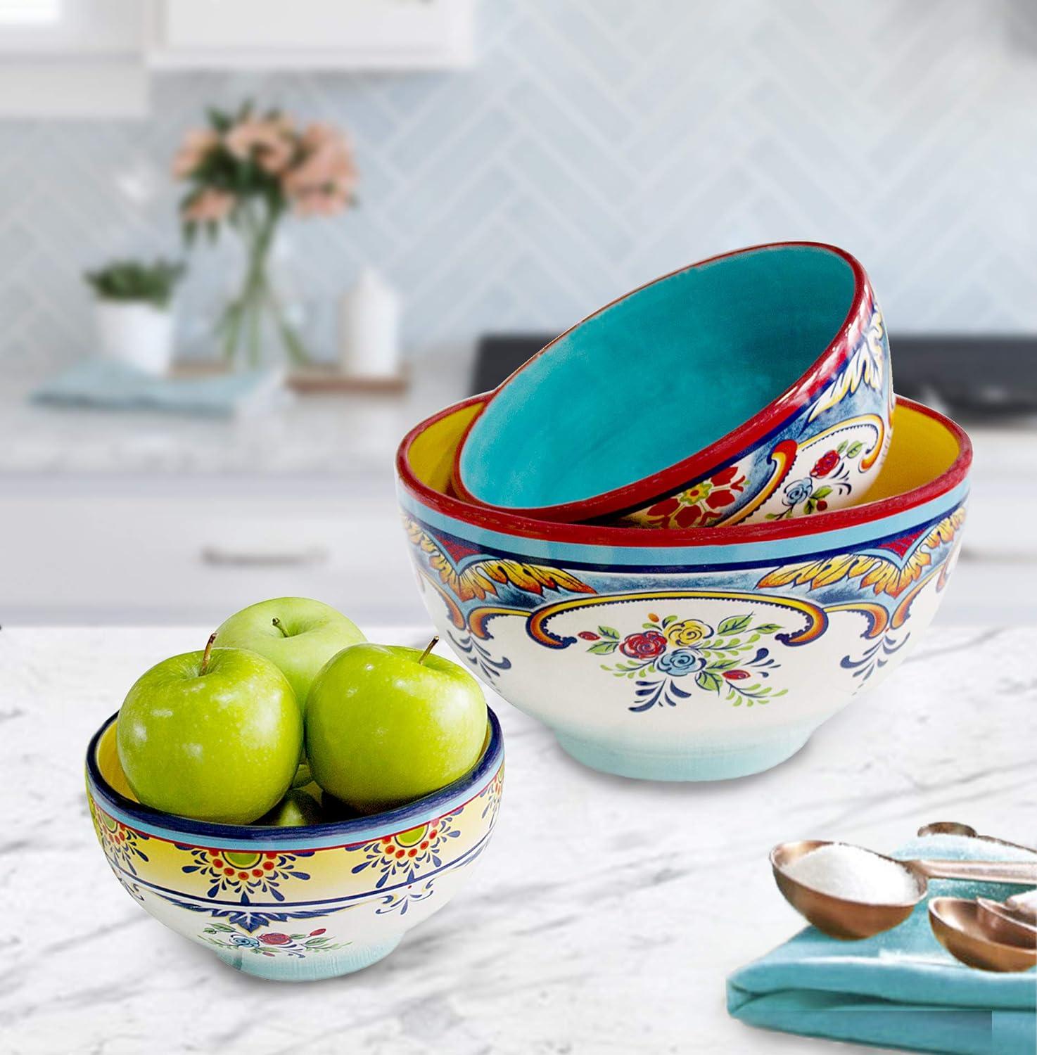 Colorful Ceramic Floral Motif Serving Bowl Set