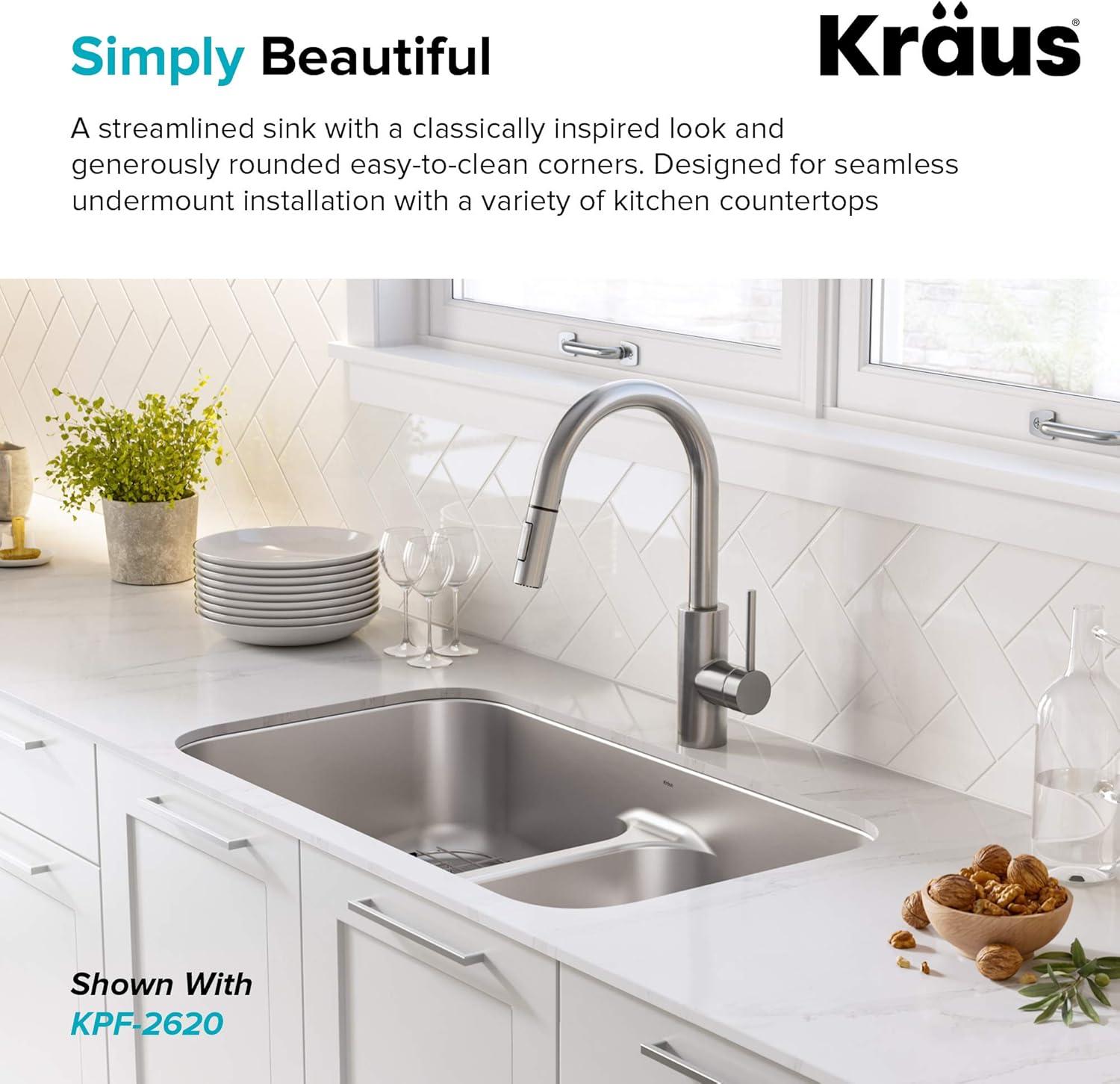 KRAUS Premier 32-inch L 16 Gauge Undermount 50/50 Double Bowl Stainless Steel Kitchen Sink