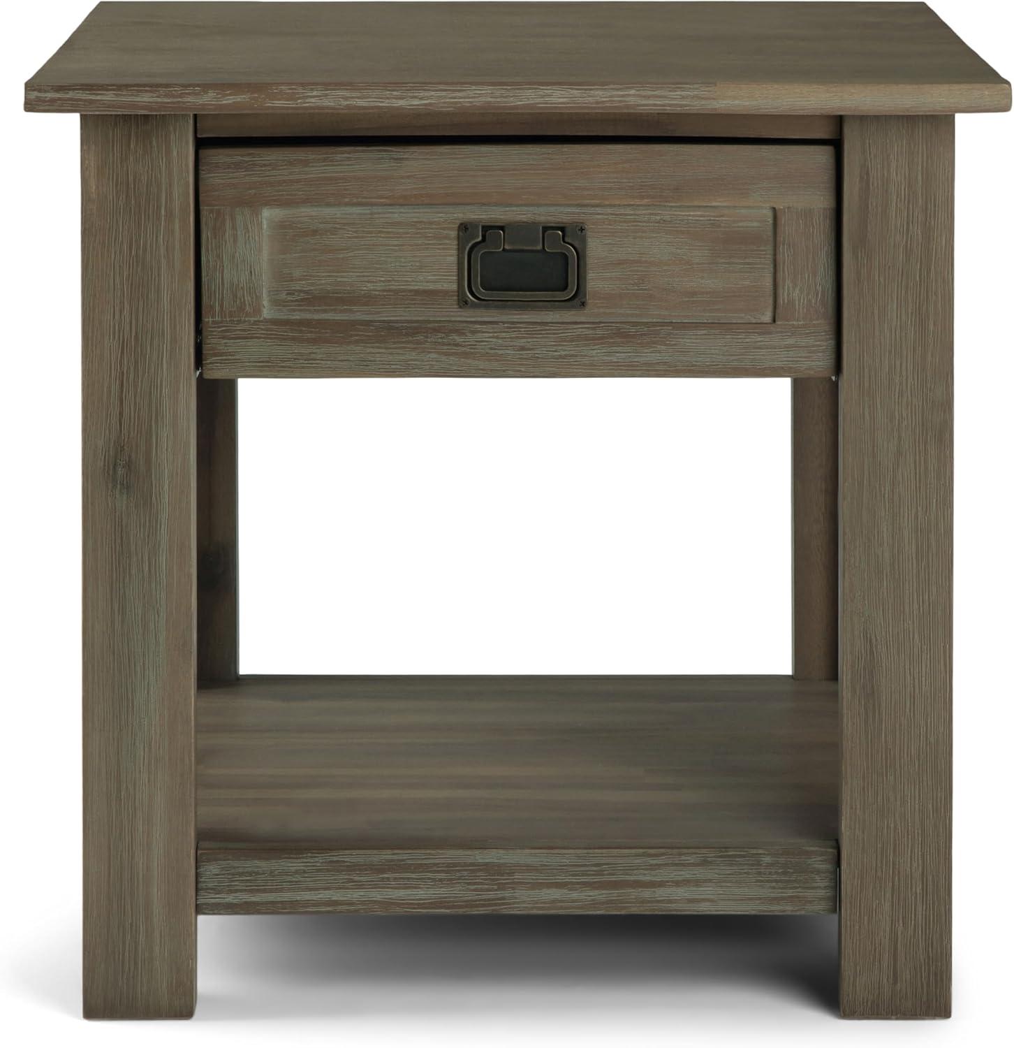 Monroe Solid Acacia Wood Square End Table in Distressed Grey with Storage