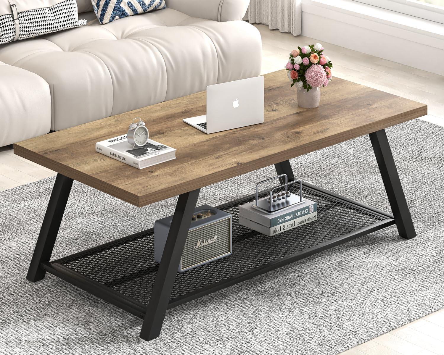 FOLUBAN Coffee Table, Modern Rustic Wood and Metal Center Table with Storage, Industrial Cocktail Tea Table for Living Room, Oak, 47 Inch