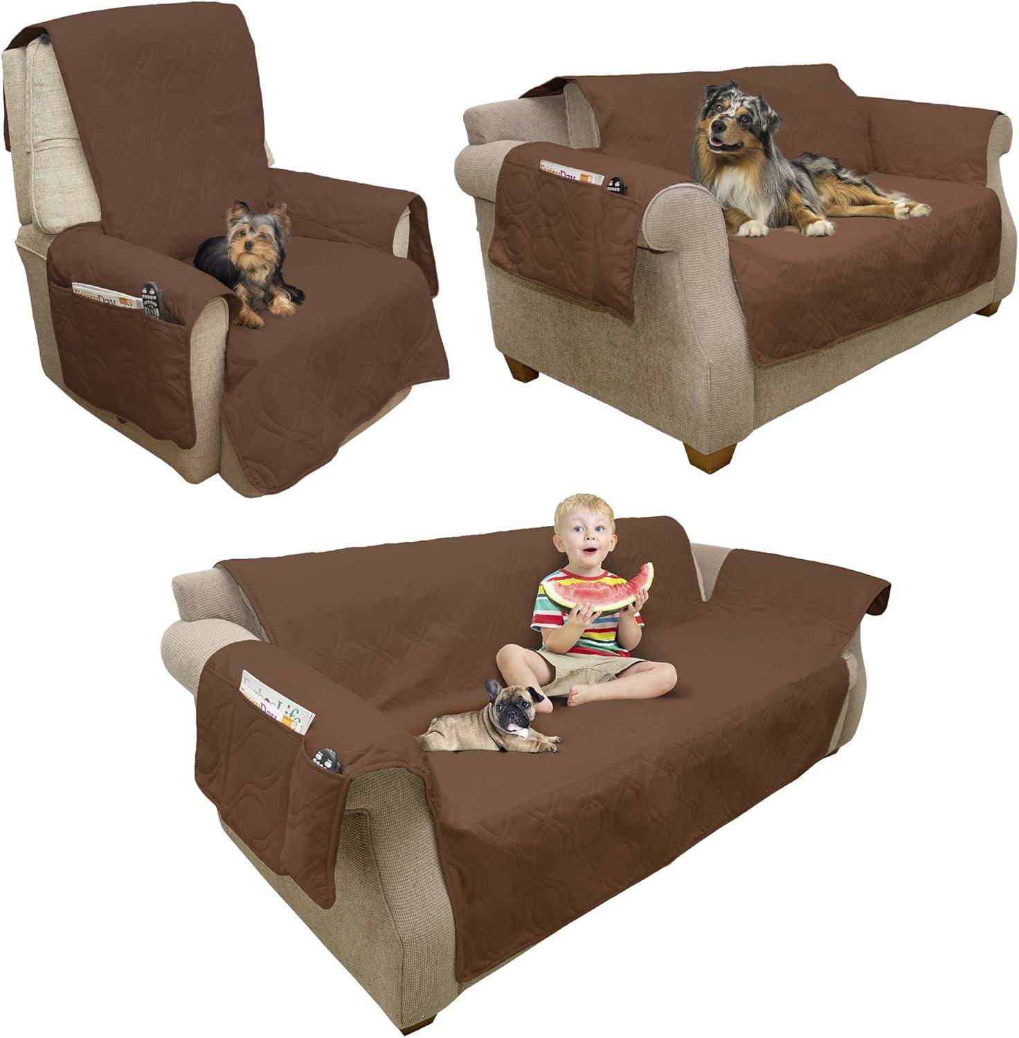 Brown Waterproof Quilted Pet Sofa Slipcover with Pockets