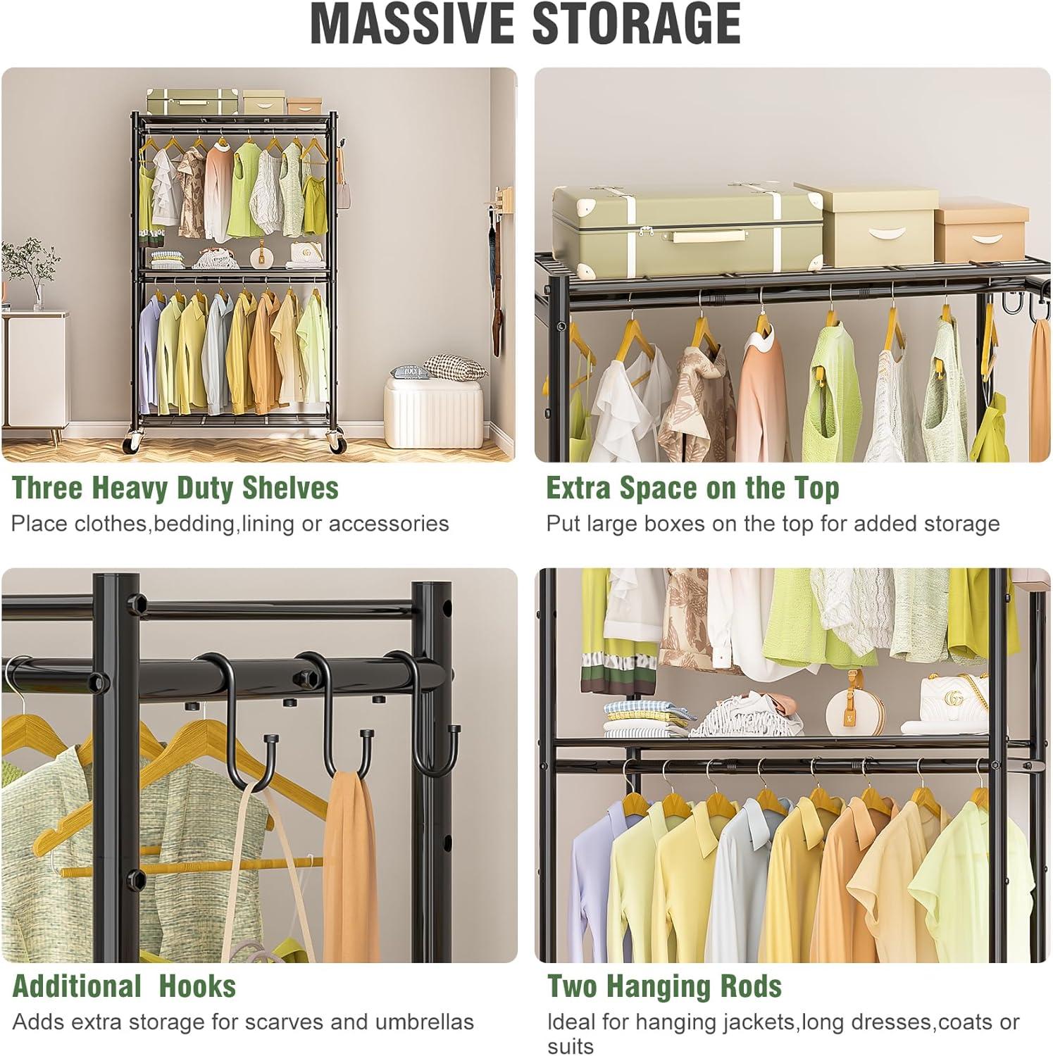 3 Tiers Rolling Clothes Rack With Wheels, Hanging Rods And Side Hooks