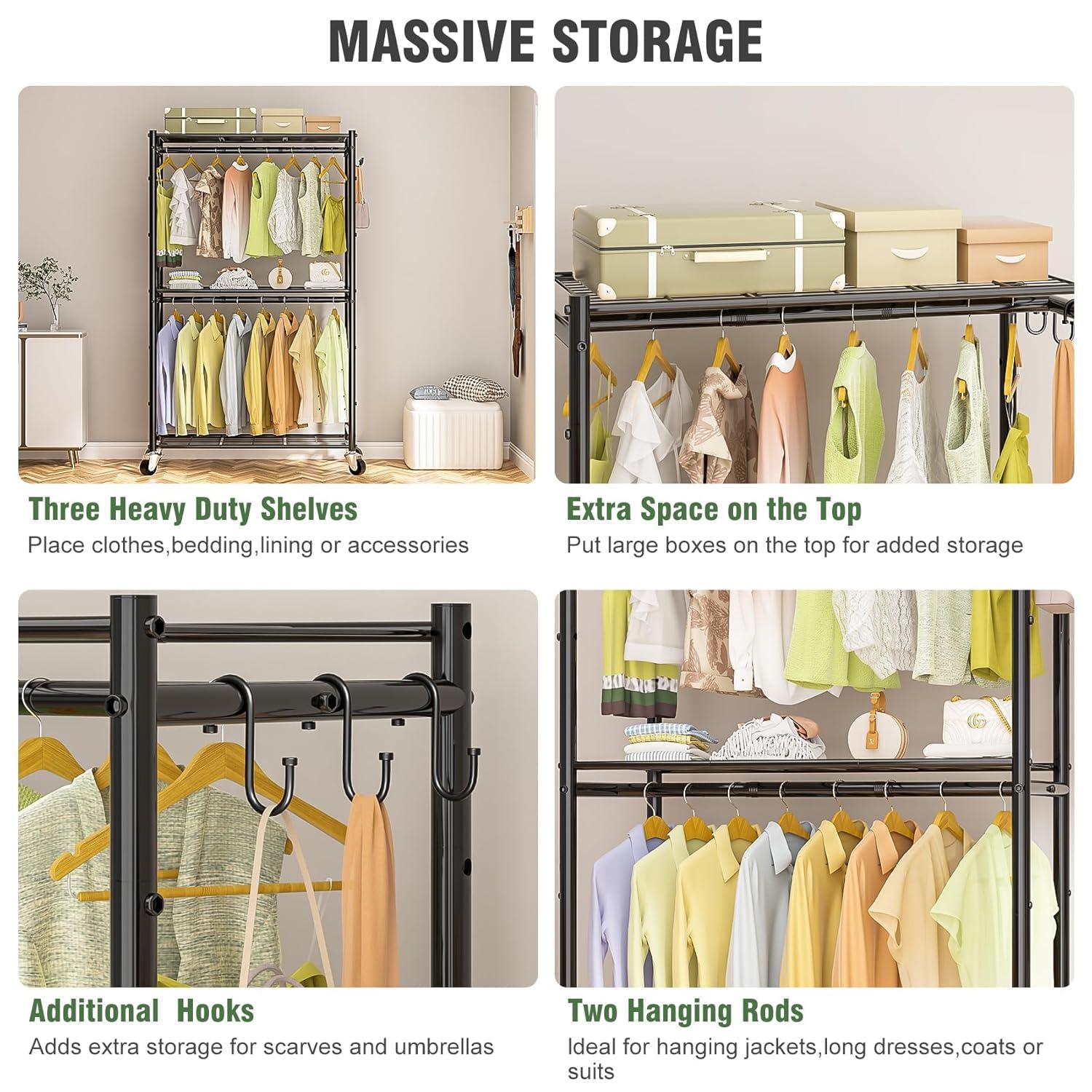 Rebrilliant 3 Tiers Rolling Clothes Rack With Wheels, Hanging Rods And Side Hooks