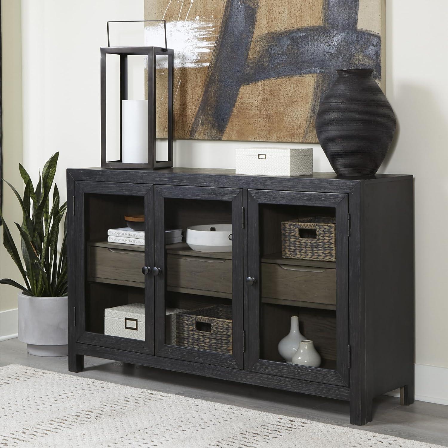 Benjara Liam Sideboard Accent Cabinet, 3 Glass Door